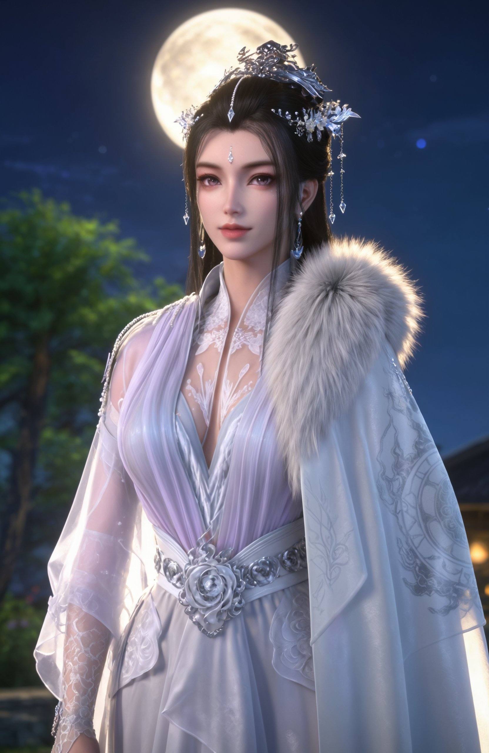 <lora:少年歌行-月瑶Pony:0.8> 1girl, hair ornament, hair bun, black hair, earrings, long hair, white dress, cape, 1girl,solo,shiny,shiny_hair,upper_body,fair_skin,white_skin,shiny_skin,shiny,Ivory_skin,looking at viewer,cinematic lighting,volumetric lighting,solo focus,blurry background,depth of field,night,sky,night sky,full moon,moonlight,