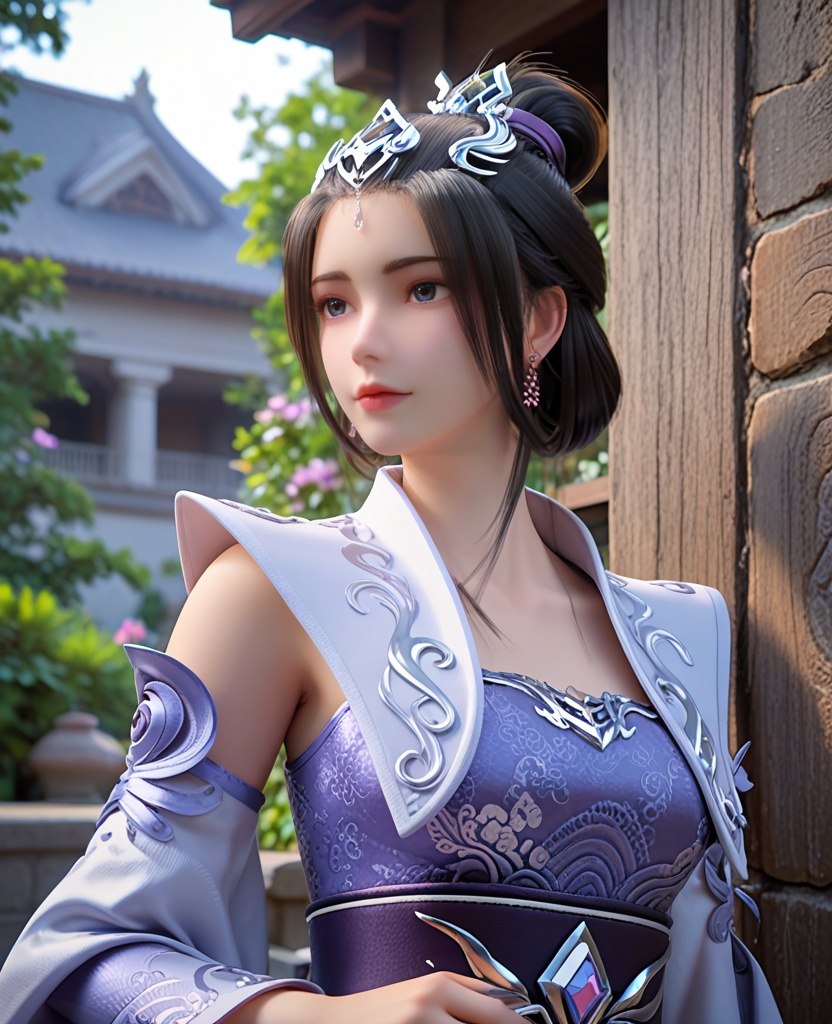 (oriental architecture, elegant decor, sophisticated style:1.1),Leaning against a wall,,(breasts:1.2),<lora:XL完美世界云梦岚:0.9>,miss yunmenglan,solo,blue dress,white vest,blue eyes,hair ornament,black hair,hanging hair,hair bun,earrings,sash,detached sleeves,lips,clothing patterns,, zPDXL2, score_9, score_8_up, score_7_up BREAK realistic, masterpiece,best quality, highly detailed,, zPDXL3, zPDXL2,zPDXL, zPDXLxxx, zPDXLrl,