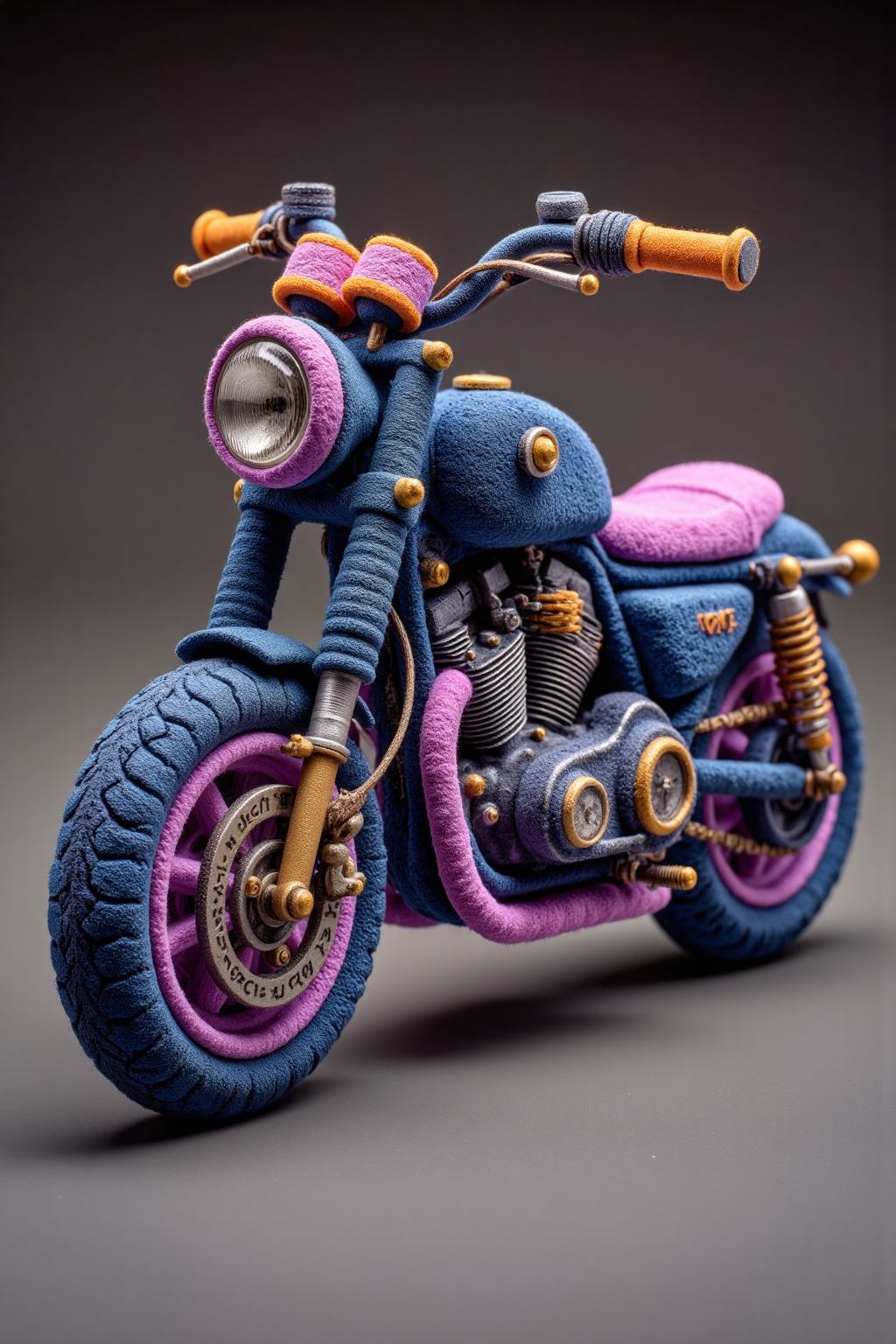 beijihui,a miniature model of a blue and pink motorcycle is displayed on a gray surface. The motorcycle is made of a soft, fuzzy material, with a blue body and pink accents. The handlebars are adorned with orange knobs, adding a pop of color to the scene. The front wheel of the motorcycle is adorned with a gold chain, while the rear wheel is adorned in a purplish hue. The background is a solid gray, providing a stark contrast to the motorcycle.