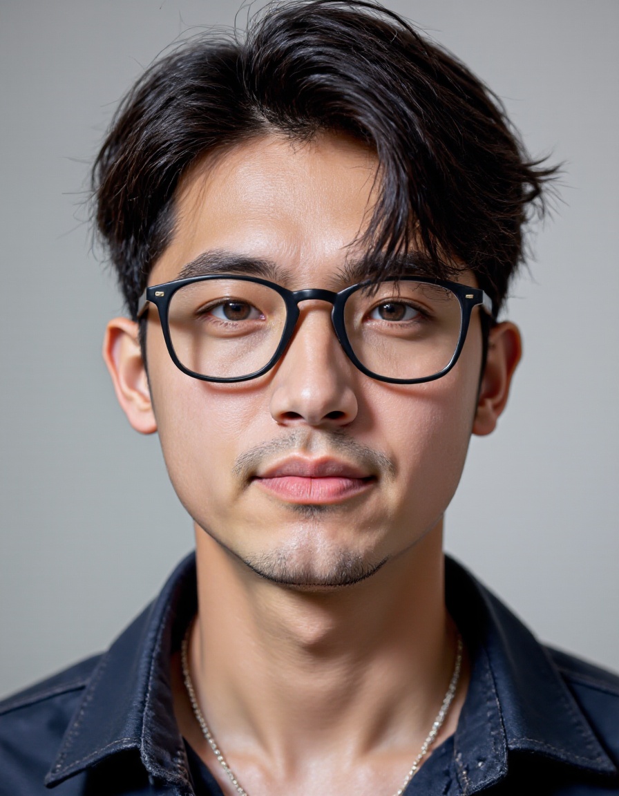 <lora:20250110_AgainCharacters_Flux:1>, realistic, 1boy, male focus, solo, glasses, facial hair, portrait, brown eyes, asian, necklace, jewelry, looking at viewer, shirt, nose, brown hair, black hair, lips, photorealistic, collared shirt, black-framed eyewear