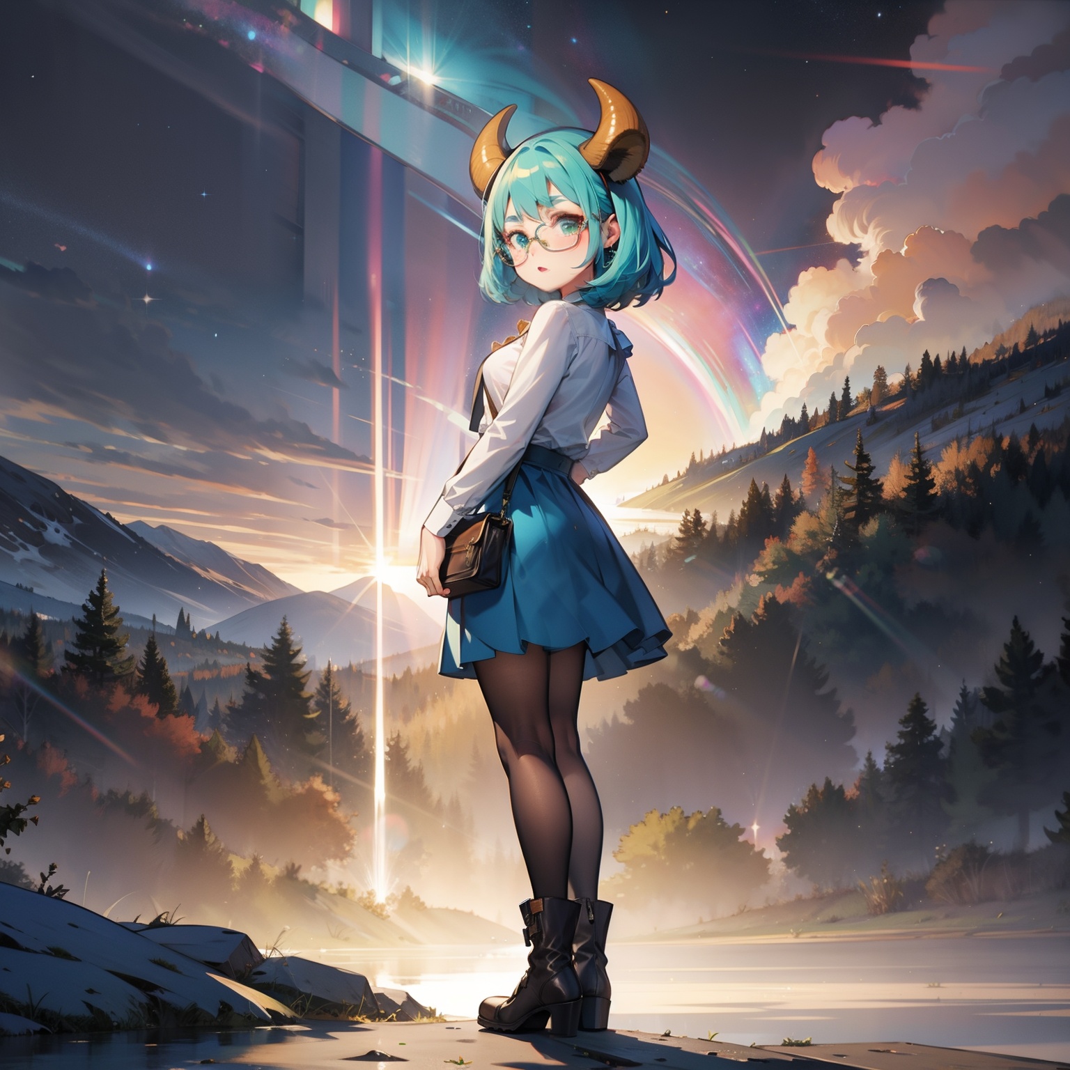 1girl,lolita,cow  horns,glasses,from_side,panorama,full_body,ambient_light,lens_flare,blouse,denim_skirt,boots,standing,Gestures,v,looking_at_viewer,smug,hyper_galaxy,nebula,autumn,Fisheyes,masterpiece,top quality,best quality,official art,beautiful and aesthetic,animation,<lora:lolita_v1:1>,