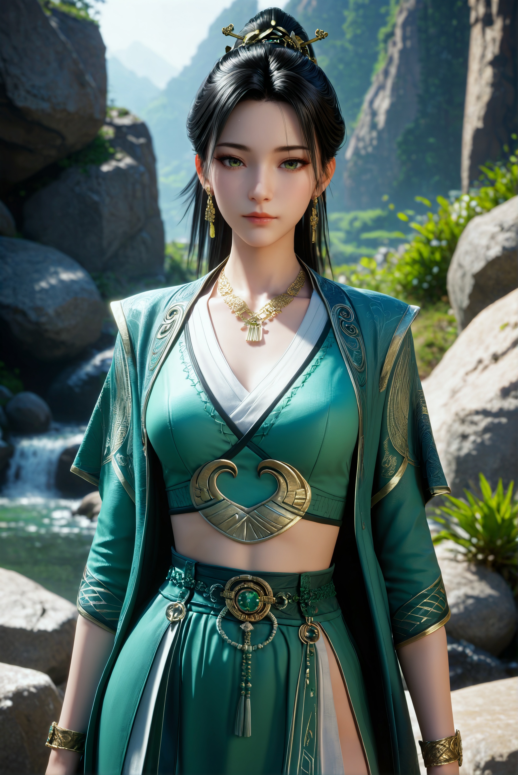 score_9,score_8 up,score_7,1girl,solo,3d,ultra-detailed,high resolution,perfect lighting,flawless skin,sharp focus,extremely detailed anatomy,Exquisite Craftsmanship,High-Resolution Beauty,Unparalleled Artistic Quality,masterpiece,best quality,official art,extremely detailed CG unity 8k wallpaper,<lora:慕沛灵:0.5>,black hair,chinese clothes,closed mouth,crop top,earrings,green dress,hair ornament,hanfu,jewelry,necklace,ponytail,portrait,rock,hand_on_own_chest,
