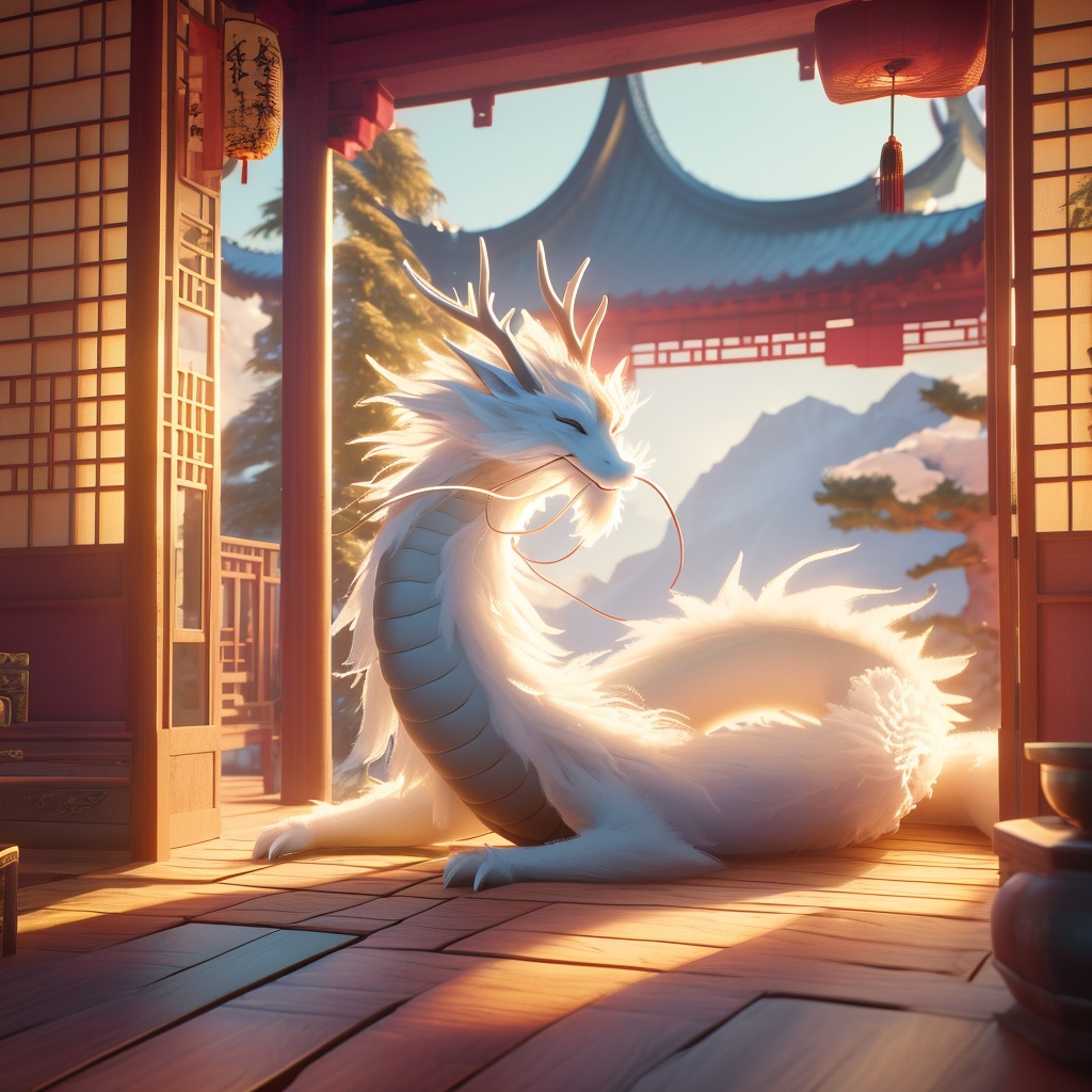 eastern dragon,soft lighting,white fur,antlers,whimsy and dramatic lighting,warm colors,mf-movie-filter,cc-color-correction,cute,whiskers,sunset,eastern dragon focus,claws,chinese zodiac,east asian architecture,no humans,dragon,indoors,lantern,scenery,sitting,solo,horns,blurry,closed eyes,wooden floor,tree,sky,day,from side,architecture,<lora:chenglong_v1:0.8>,