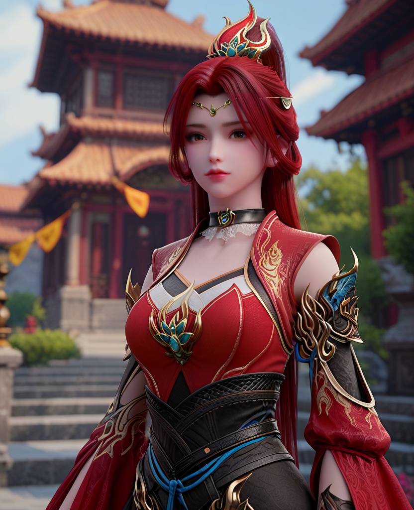 (oriental architecture, elegant decor, sophisticated style:1.1),(arms at her side:1.1),looking at viewer,(breasts:1.2),<lora:XL斗破苍穹唐火儿:0.95>,miss tanghuoer,red dress,brown eyes,red hair,ponytail,hair ornament,long hair,choker,asymmetrical sleeves,sash,skirt,, score_9,score_8_up,score_7_up,score_6_up,score_5_up,score_4_up,3d rendering,tag1,tag2, Cinematic Lighting,backlighting,, zPDXL3, zPDXL2,zPDXL, zPDXLxxx, zPDXLrl,