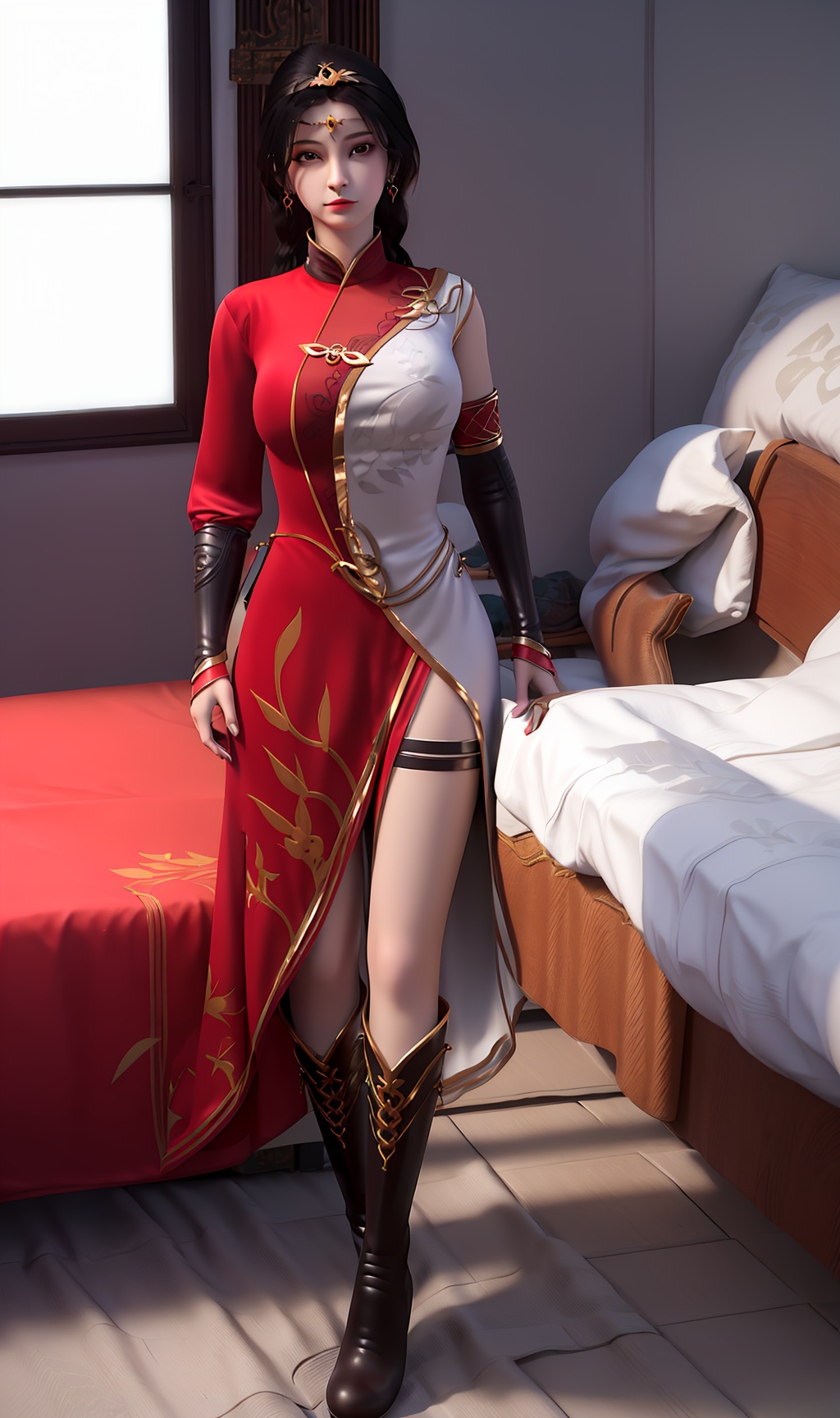 3D,masterpiece,(best quality),(makeup),official art, extremely detailed cg 8k wallpaper,((crystalstexture skin)), (extremely delicate and beautiful),(highly detailed),(face),(tiara),(collar),(wristband),(1girl), (solo), (jewelry), (earrings),(black_hair),(long_hair),(hair_ornament),(handwear),(breasts),(standing),((full_body,whole_body)),(long_legs),(dress),(closed_mouth),(short_skirt),(chinese_clothes),(multicolored_clothes),(multicolored_dress),(shiny_clothes),(city,indoor,bed),(wristband),,(short),,((looking_at_viewer)),((Facing the camera)),(boots), (knee_boots),(high_heel_boots),, <lora:hipoly3DModelLora_v10:0.3>