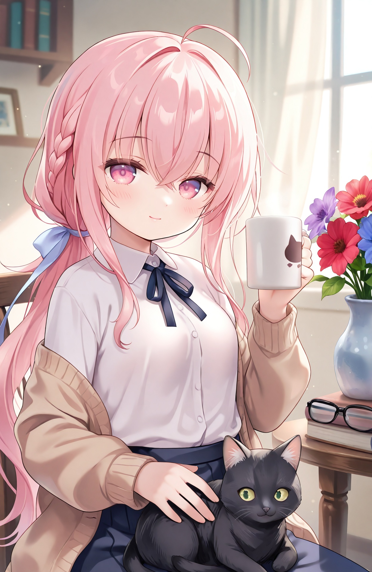 masterpiece,absurdres,best quality,petite,high quality,chromatic_aberration,loli,//,1girl,cup,shirt,white shirt,collared shirt,flower,cat,indoors,pink hair,window,holding,looking at viewer,smile,animal on lap,braid,pink eyes,sitting,on lap,hair between eyes,ahoge,holding cup,solo,black cat,long hair,long sleeves,open clothes,closed mouth,crossed bangs,glasses,chair,blue flower,brown jacket,neck ribbon,off shoulder,jacket,curtains,plant,mug,blush,potted plant,on chair,ribbon,open jacket,sunlight,blurry,black ribbon,sidelocks,unworn eyewear,cardigan,brown cardigan,book,coffee mug,pink flower,vase,purple flower,breasts,table,petting,wing collar,open cardigan,day,light particles,animal,light rays,upper body,skirt,dress shirt,red flower,low ponytail,bow,hair intakes,hand up,light blush,coffee,light smile,depth of field,medium breasts,french braid,very long hair,book stack,morning,blue ribbon,black-framed eyewear,small breasts,blurry background,