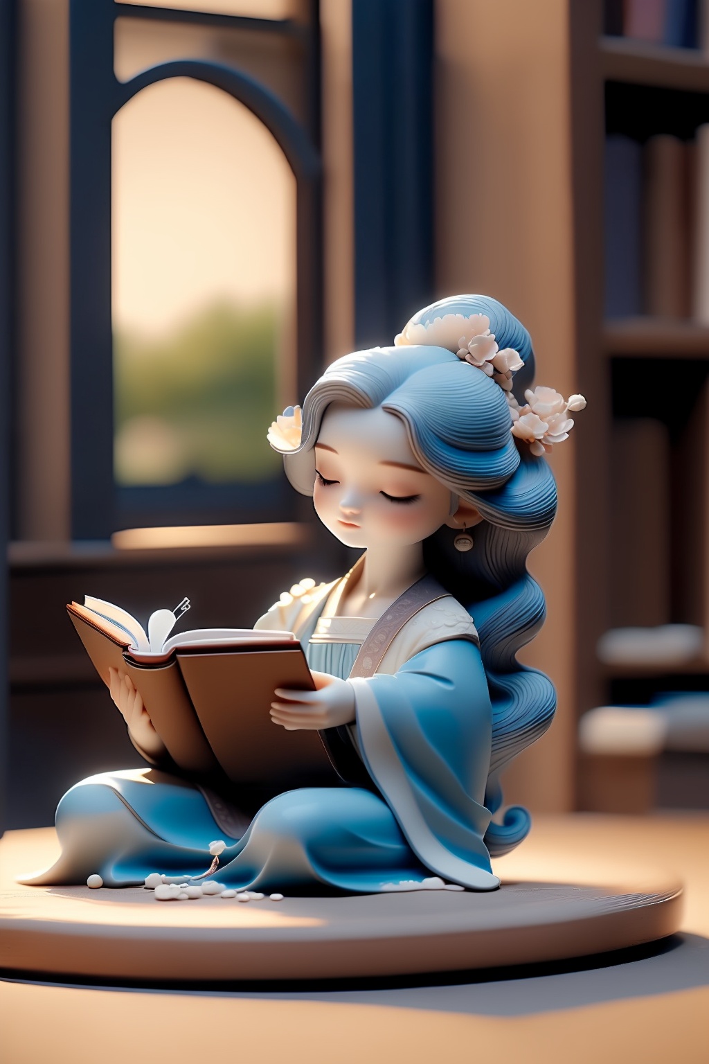 shouban,<lora:手办_v1.0:0.8>,1girl,solo,magician girl,flowing long hair,starry sky robe,holding a wand,at the moment of casting,ancient library,midnight,moonlight passes through the window,dark blue tone,encircling magic books,mysterious symbol floating in the air,quiet learning atmosphere,