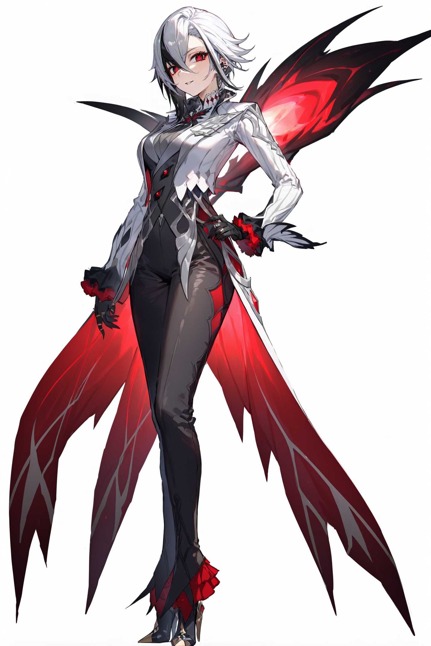 score_9,score_8_up,score_7_up,score_6_up,8k,best quality,masterpiece,(ultra-detailed:1.1),(high detailed skin),(full body:1.4),white background,standing,looking at viewer,(solo:1.4),hand on hip,<lora:Arlecchino-A3-Tanger:0.8>,Arlecchino,def clothes,1girl,x-shaped pupils,red pupils,black gloves,pants,symbol-shaped pupils,(white background, simple background:1.3),(beautiful_face),((intricate_detail)),clear face,((finely_detailed)),fine_fabric_emphasis,((glossy)),full_shot,