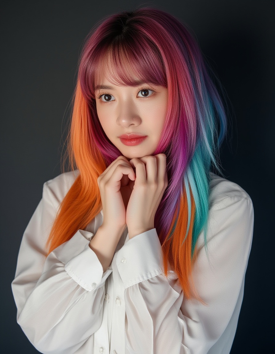a woman with a rainbow colored hair and a white dress is posing for a picture with a black background and a black background behind her is a black background and a black background with a white and a black background and a white and a white and blue and white background and a black background with a white background and a white and a white and a black and a white and a white image of a woman with a white and a white and a white and a rainbow and a black and a white and a black and a white and a white and a black and a white and a black and a black and a white