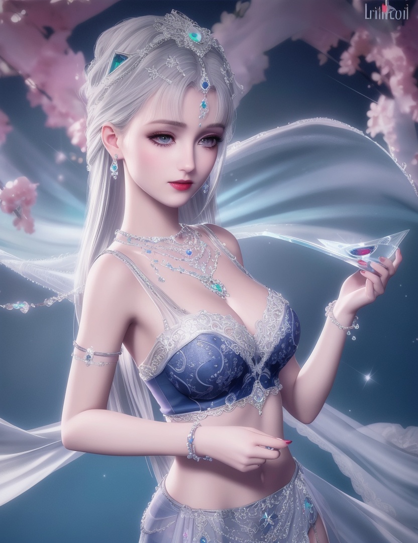 ultra realistic 8k cg, picture-perfect face, flawless, clean, masterpiece, professional artwork, famous artwork, cinematic lighting, cinematic bloom, perfect face, beautiful face, fantasy, dreamlike, unreal, science fiction, huge breasts, beautiful clothes, lace, lace trim, lace-trimmed legwear, (rich:1.4), prestige, luxury, jewelry, diamond, gold, pearl, gem, sapphire, ruby, emerald, intricate detail, delicate pattern, charming, alluring, seductive, erotic, enchanting, hair ornament, necklace, earrings, bracelet, armlet,halo ((,1girl:1.5,   solo, ))<lora:DA_NikkiChangEr2.0:0.6>