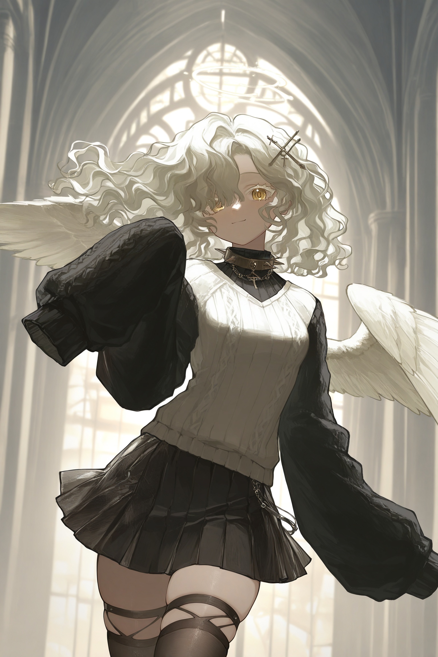 1girl,solo,angel,white eyelashes,(feathered wings:1.2),white hair,medium hair,long bangs,(wavy hair:1.3),fluffy hair,ringlets,(golden eyes:1.2),pale skin,small breasts,black skirt,black sweater,black thighhighs,cross hair ornament,metal collar,miniskirt,pleated skirt,skindentation,sleeves past fingers,smile,spiked collar,two-tone sweater,white sweater,white thighhighs,indoors,cathedral,looking at viewer, dynamic pose, <lora:光辉重返未来0.3版本XL-000004:1>,cfwl/zyhf,