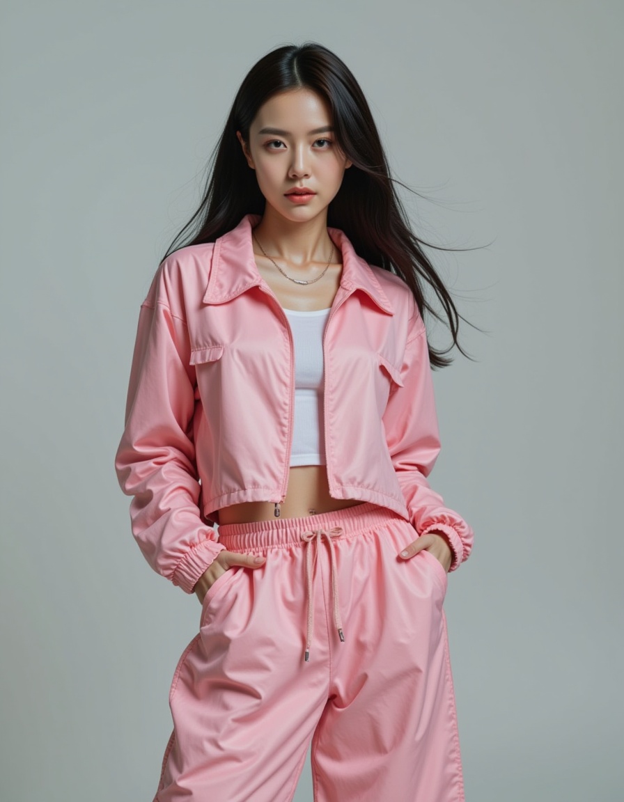 a real picture of a south korea woman,In Cropped windbreaker and track pants with side snaps,