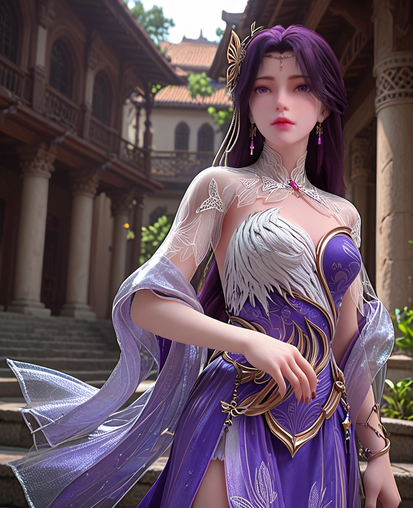 (oriental architecture, elegant decor, sophisticated style:1.1),indian style,(breasts:1.2),<lora:XL完美世界云曦成女>,miss yunxi,solo,purple dress of side slit,see-through bolero,white feather trim,hagoromo,see-through petticoat,purple eyes,purple hair,long hair,braided ponytail,hair ornament,bracelet,earrings,jewelry,, zPDXL2, score_9, score_8_up, score_7_up BREAK realistic, masterpiece,best quality, highly detailed,, zPDXL3, zPDXL2,zPDXL, zPDXLxxx, zPDXLrl,