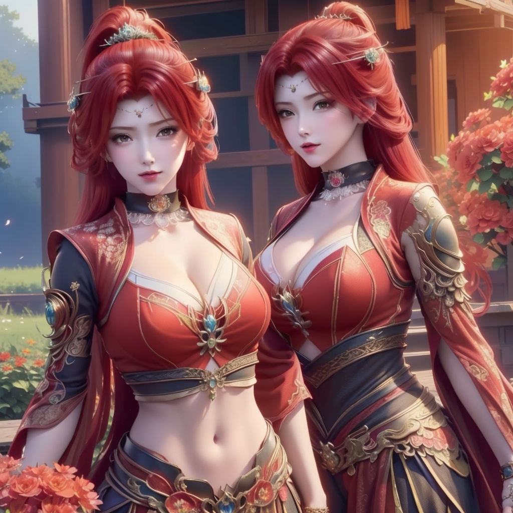 <lora:斗破苍穹-唐火儿:0.8>,red hair,   (,1girl, ,best quality, ),looking at viewer,,anime,(masterpiece, top quality, best quality, official art, beautiful and aesthetic:1.2), (1girl)	, , (cleavage),extreme detailed,(fractal art:1.3),colorful, flowers ,highest detailed,()    (cleavage), (),