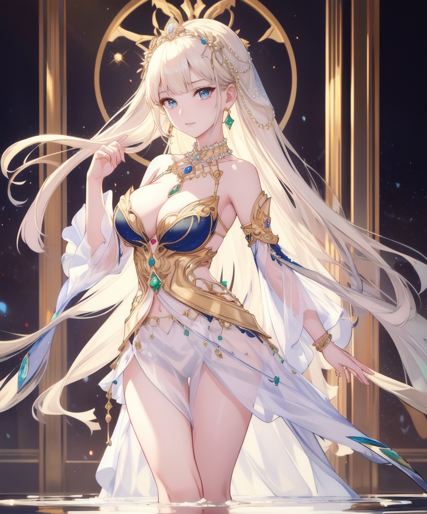 (,1girl, ,best quality, ),looking at viewer, <lora:457-DA-天启姬:0.8> ,ultra detailed background,ultra detailed background,ultra realistic 8k cg,, ,masterpiece,((((1girl, solo,  , solo focus, ,walking on liquid, ))))    (cleavage), (), ,ultra realistic 8k cg,   clean, masterpiece,     cinematic lighting, cinematic bloom, , (( , )),,  , unreal, science fiction, luxury, jewelry, diamond, gold, pearl, gem, sapphire, ruby, emerald, intricate detail, delicate pattern, charming, alluring, seductive, erotic, enchanting, hair ornament, necklace, earrings, bracelet, armlet,see-through sleeves, ,