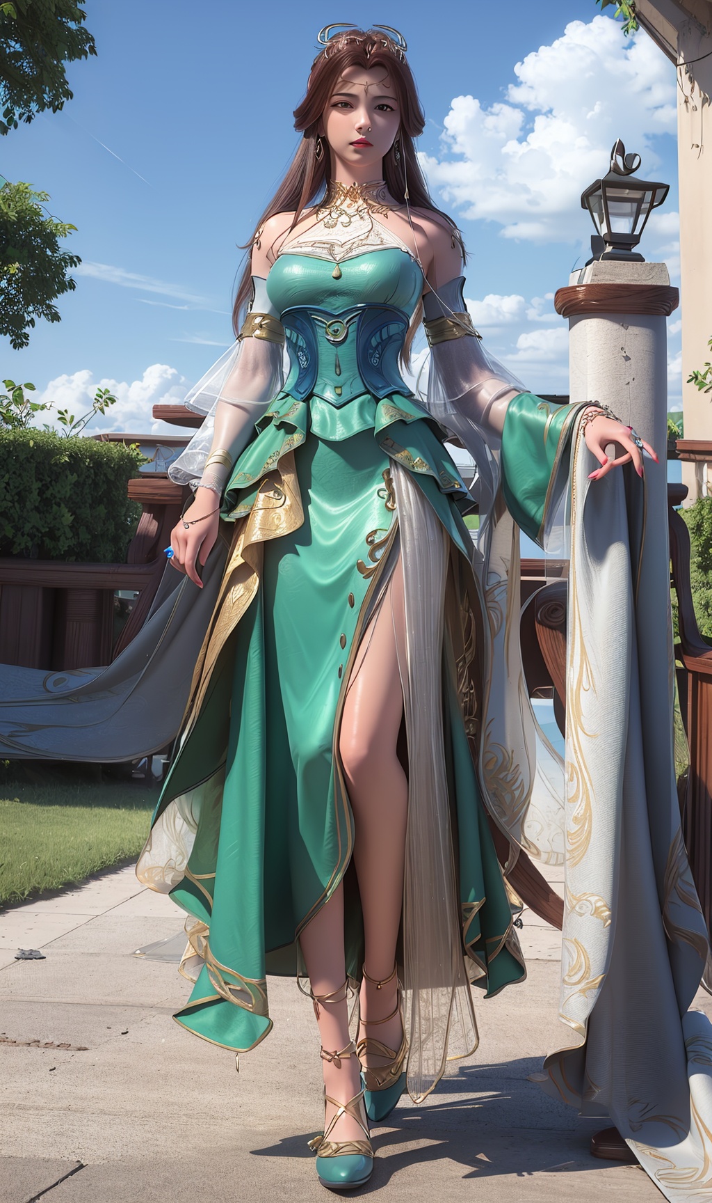 3D,masterpiece,(best quality),official art, extremely detailed cg 8k wallpaper,((crystalstexture skin)), (extremely delicate and beautiful),(highly detailed),(1girl), (solo), (jewelry), (breasts), (earrings), (brown_hair),(hair),(hair_ornament),(handwear),  (long_hair), (medium_breasts), (clothes),(dress),(skirt),(long_sleeves) ,((full body)),(whole body),(shoes),(sunshine, outdoor,),((looking_at_viewer)),((Facing the camera)),, <lora:hipoly3DModelLora_v10:0.3>