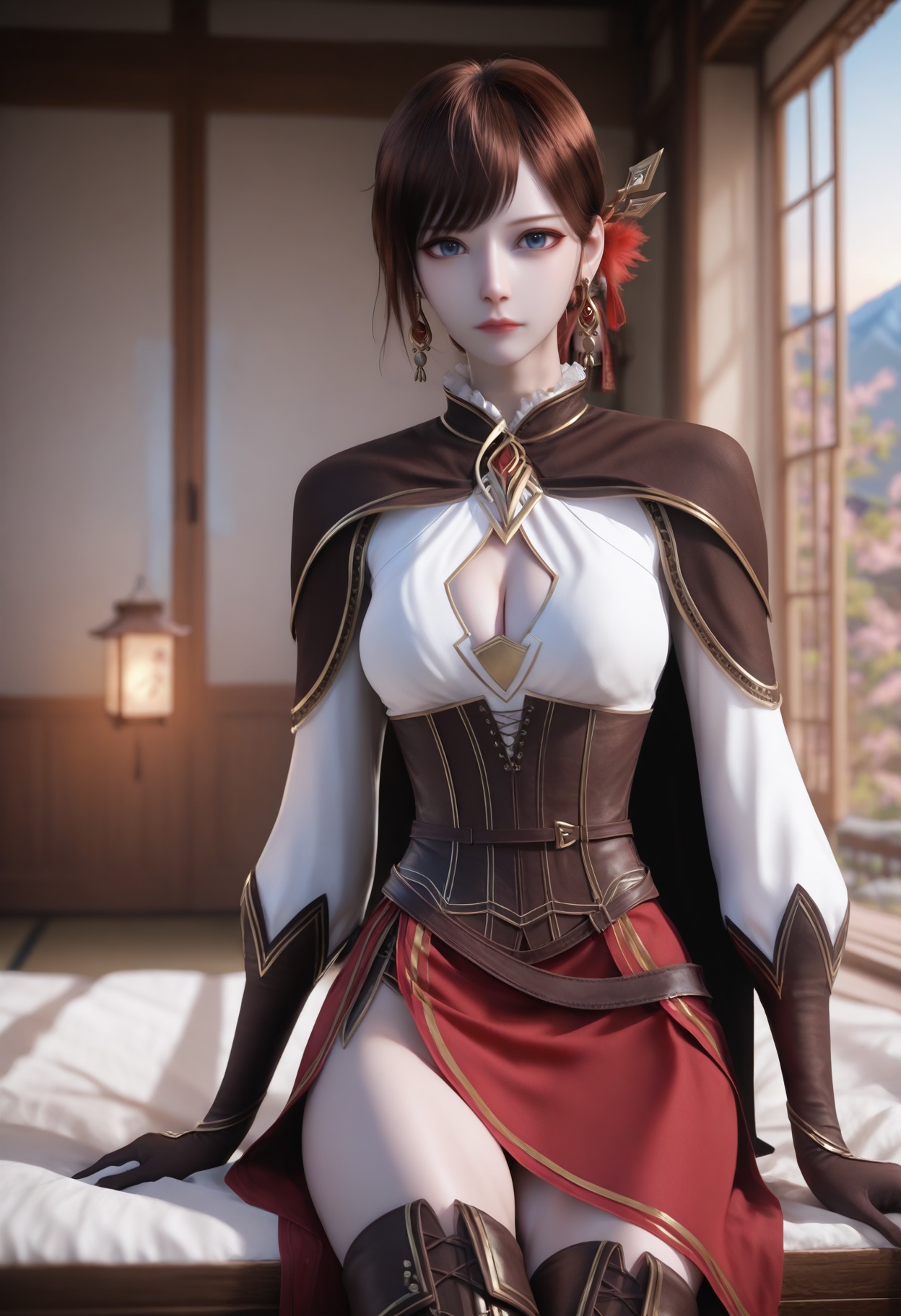 He_di,1girl,brown hair,earrings,hair ornament,jewelry,cleavage,blue eyes,blurry background,short hair,corset,cowboy shot,bangs,<lora:He_di_10_illu-000006:0.75>,cape,gloves,high heels,brown footwear,skirt,thigh boots,long sleeves,red skirt,side slit,clothing cutout,cleavage cutout,photorealistic,hyperrealistic,<lora:realistic filter [IL]:1>,(pale skin:0.7),looking at viewer,sitting,(very thin thighs,slim thighs,skinny,slender thighs:1.5),lantern,open window,looking at viewer,indoors,mountains,blossoms,flowers,east asian architecture,beautiful sunrise,warm ambient temperature,