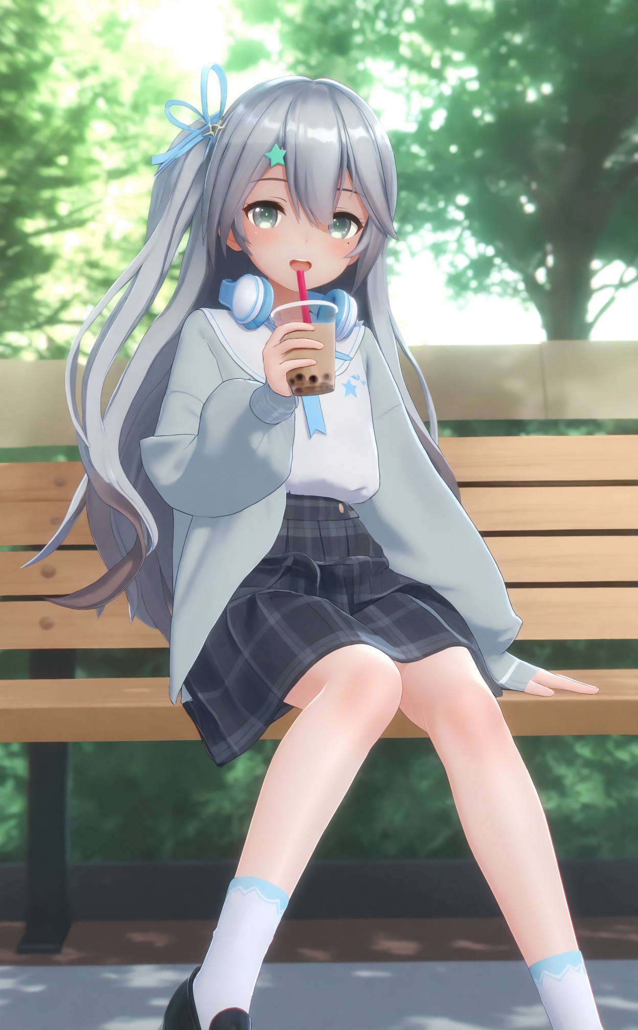 masterpiece,absurdres,best quality,loli,petite,high quality,chromatic_aberration,//,1girl, headphones around neck, headphones, skirt, socks, solo, black footwear, white shirt, white socks, shoes, drinking straw, holding, disposable cup, cup, star hair ornament, smile, puffy long sleeves, shirt, plaid, holding cup, plaid skirt, sitting, star (symbol), pleated skirt, long hair, :d, on bench, loafers, long sleeves, tree, bubble tea, blue ribbon, ribbon, hair ornament, grey skirt, puffy sleeves, outdoors, black skirt, hair ribbon, green eyes, bendy straw, grey jacket, grey hair, hair between eyes, looking at viewer, blush, jacket, one side up, grey eyes, day, very long hair, mole under eye, multicolored hair, mole, brown hair, feet out of frame, cardigan, hand up, sitting on bench//,<lora:MMDguangwuran7——【noob】hans:0.9>,