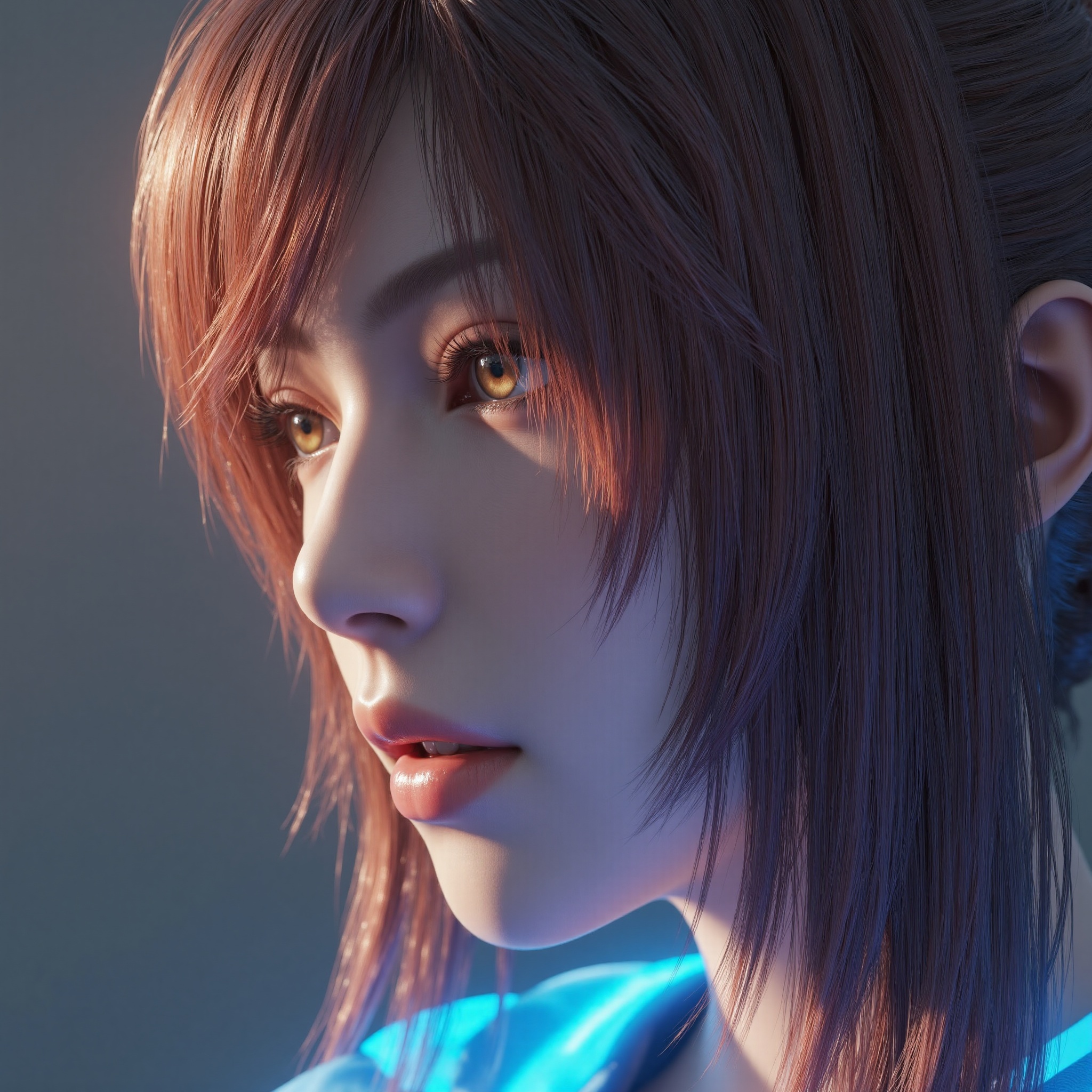 tears,ChengSisi,1girl,crying,blue neon lighting,(tears:1.4),from the side,quality,masterpiece,nemospark,tears,crying,warm sunshine,sunlight,