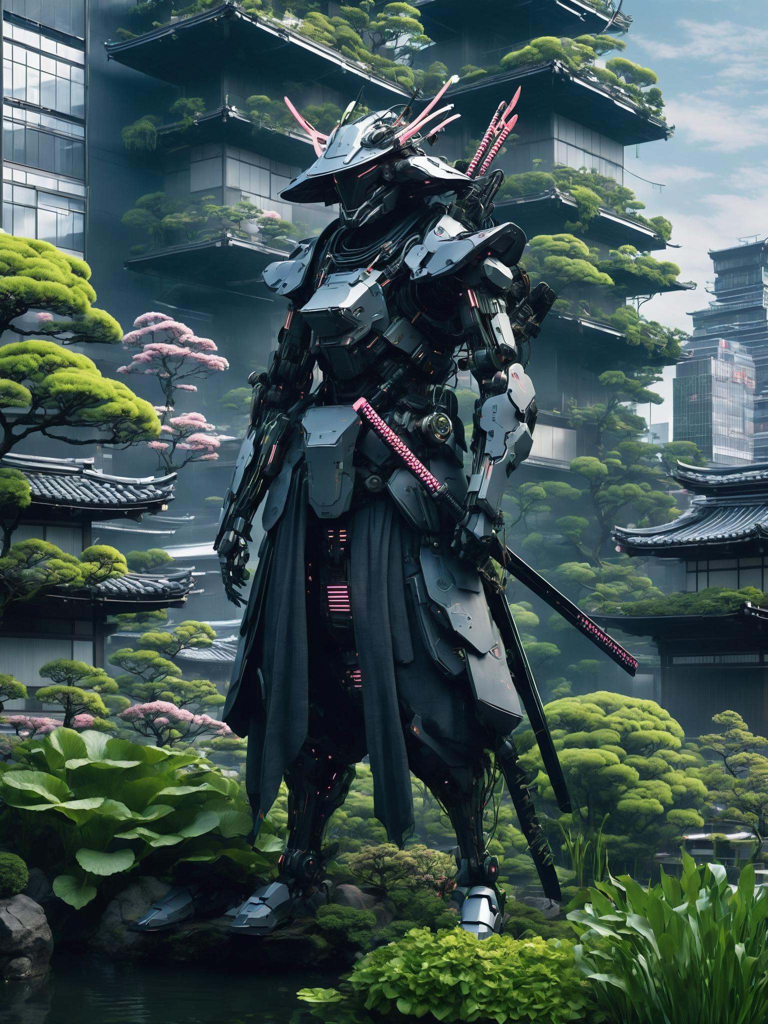 A techno-samurai guards the floating gardens of a cybernetic Kyoto,  its skyline a blend of modern skyscrapers and traditi...
