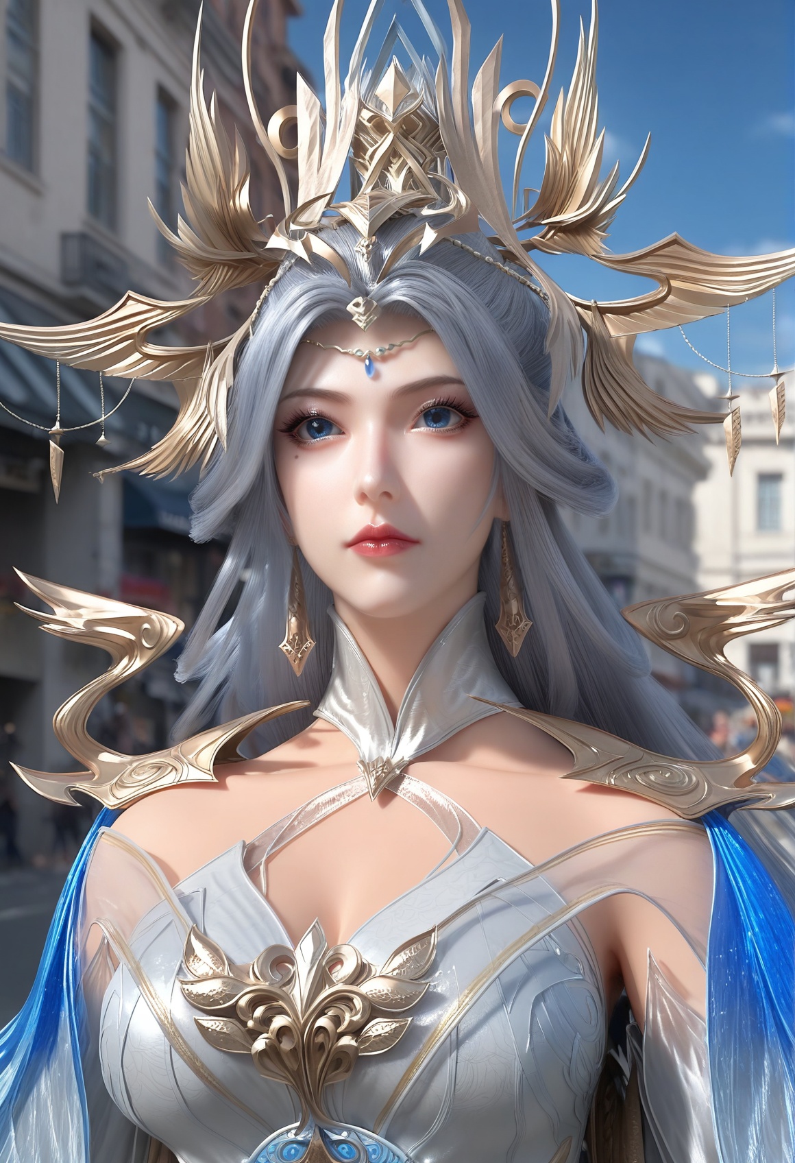 (score_9),<lora:宁雨蝶-apony:0.8>,nyd,(mature_female:1.1),solo,hair ornament,tiara,long hair,hair bun,mole under eye,shoulder guard,high collar,detached collar,detached sleeves,dress,circlet,jewelry,dangle earrings,<lora:perfect eyes_v1:0.8>,blue eyes,front view,<lora:Expressive_H-000001:0.8>,(middle_finger:1.1),glamor,collarbone,pointy breasts,puffy breasts,large breasts,outdoors,street,blue sky,blur background,building,city,cloud,cloudy sky,day,depth of field,(white_skin:1.1),(fair_skin:1.1),