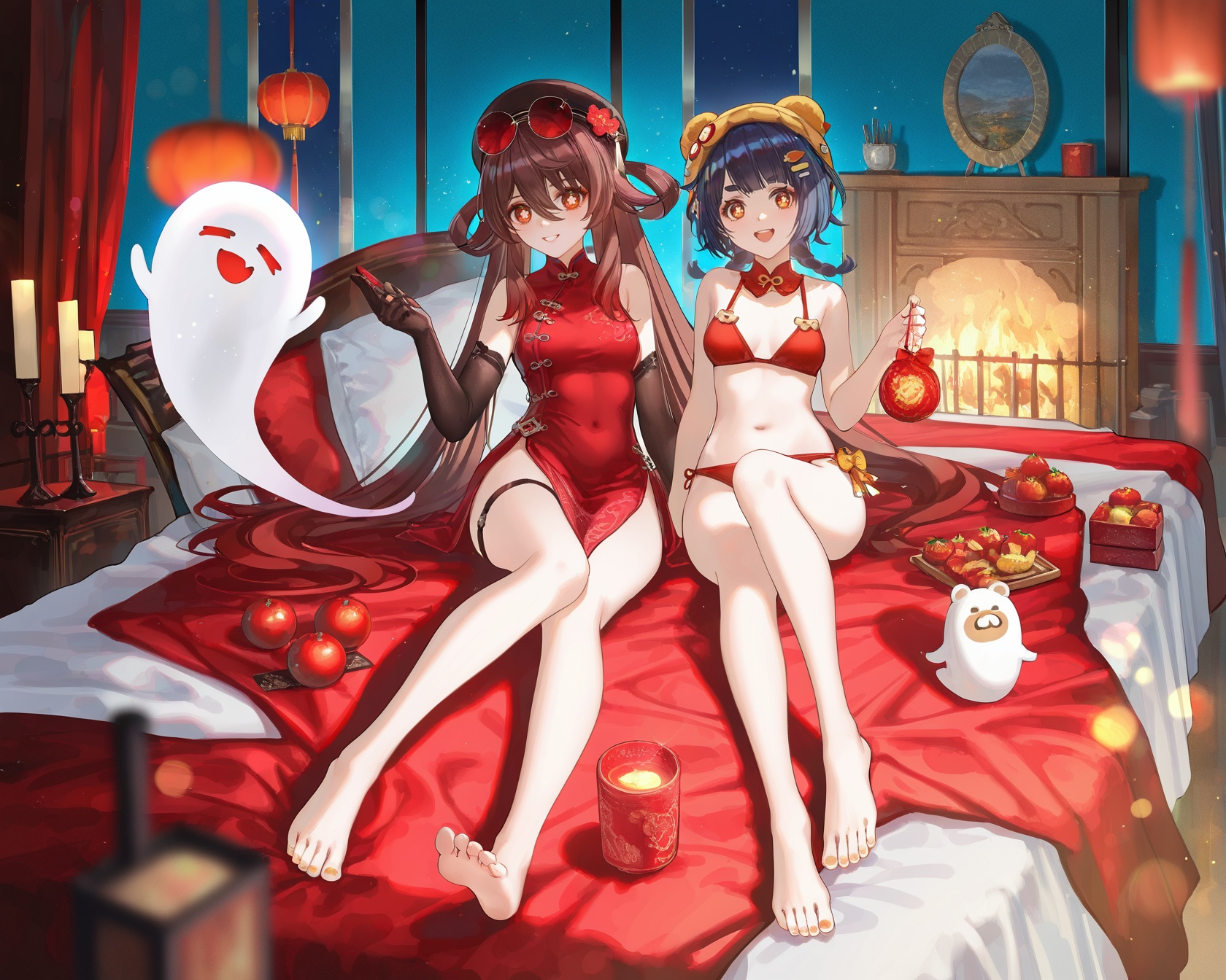 8k,best quality,masterpiece,(ultra-detailed),(high detailed skin),((artist:reoen),(artist:fuzichoco),(artist:atdan),(artist:torino_aqua),year 2024:0.8)1girl,[artist:wlop],[artist:ningen_mame],artist:ciloranko,[[artist:rhasta]],artist:tidsean,colorful,detailed light,light leaks,sunlight,bokeh,blurry foreground,ray tracing,lens flare,cinematic lighting,<lora:huxiang-noob-Tanger-000014:0.8>,(2girls,multiple girls:1.2),xiangling \(New Year's Cheer\) \(genshin impact\),hu tao \(cherries snow-laden\) \(genshin impact\),boo tao \(genshin impact\),smile,open mouth,ghost,looking at viewer,:d,holding,full body,2girls,breasts,multiple girls,fireplace,bikini,navel,long hair,smile,looking at viewer,chinese new year,on bed,blanket,small breasts,barefoot,elbow gloves,gloves,
