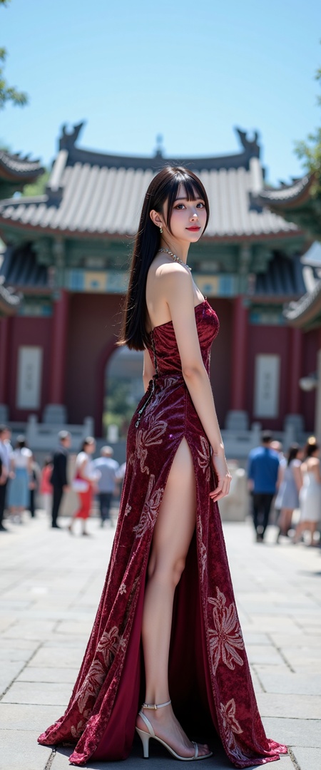 a high-resolution photograph featuring a young asian woman standing in a grand, ancient courtyard of a temple, she is of east asian descent, with long, straight black hair cascading down her back and a slender, toned physique, she has fair skin and a delicate, symmetrical facial structure, with large, expressive eyes and a slight smile, she wears a strapless, form-fitting gown made of a shimmering, burgundy, sequined fabric that accentuates her curves and features a high slit on the side, revealing her long, flowing skirt, the gown is adorned with intricate floral patterns in shades of red and white, adding a touch of elegance and sophistication, she accessorizes with a delicate gold necklace and matching earrings, and her attire is complemented by high-heeled sandals, the background showcases a bustling crowd of people, some of whom are dressed in formal attire, some with cameras and others with bags, suggesting a busy, cultural context, the courtyard is paved with stone walls and is surrounded by traditional chinese architecture, including a large, ornate building with red-tiled roofs and ornate, green-tipped roofs, the sky is clear and blue, indicating a sunny day, casting gentle shadows and highlighting the textures of the gown and the surrounding greenery, the overall mood of one of tranquility and historical significance, with a sense of cultural heritage and cultural context,,(((photo raw)),),from side,Alternate Reality, Stylish Fashion, Creative Art, Unique Aesthetic,Alternative Style,reflective light,glowing,energy, reflection ,wearing see-through plasma-infused goggles  ,