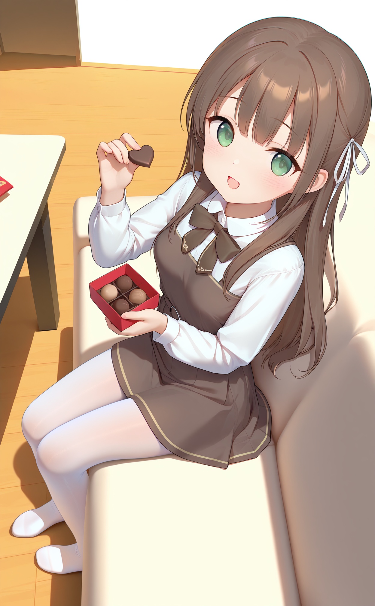 white_background,masterpiece,very aware,highres,absurdres,newest,best quality,loli,petite,high quality,chromatic_aberration,//,1girl, green_eyes, pantyhose, long_hair, solo, sitting, shirt, open_mouth, looking_at_viewer, hair_ornament, dress, long_sleeves, indoors, holding, white_pantyhose, white_shirt, bangs, smile, breasts, food, no_shoes, brown_hair, ribbon, chocolate, couch, bow, from_above, :d, dated, medium_breasts, blush, table, wooden_floor, brown_dress, school_uniform, brown_bow, hair_ribbon, bowtie//,//,absurdres,newest,very aesthetic,amazing quality,highres,sensitive,highres,ultra detailed,best anatomy,HDR,8K,high detail RAW color art,high contrast,//,<lora:himitsu——【noob】hans:1>,