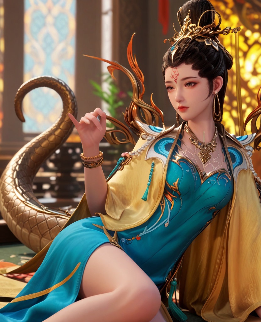 (oriental architecture, elegant decor, sophisticated style:1.1),(Sitting, one knee bent, looking thoughtful,:1.1),(breasts:1.2),<lora:XL师兄啊女娲圣人:0.95>,miss nuwa,snake tail,jewelry,earrings,forehead mark,bracelet,chinese clothes,blue dress,shawl sleeves,brown eyes,hair bun,necklace,, score_9,score_8_up,score_7_up,score_6_up,score_5_up,score_4_up,3d rendering,tag1,tag2, Cinematic Lighting,backlighting,