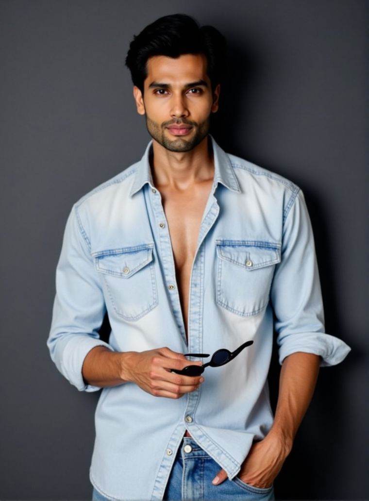 Rohit Khandelwal ,  stands confidently in front of a dark gray wall. He wears a light denim shirt,  unbuttoned at the top...