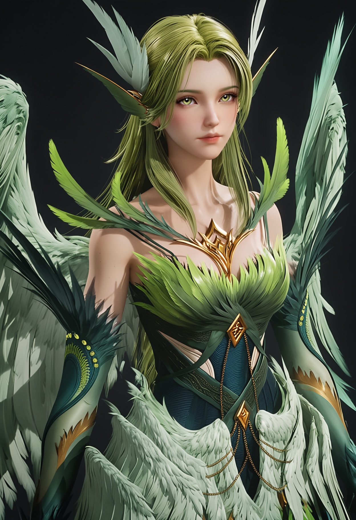 (cowboy shot:1.2),score_9,score_8_up,masterpiece,(best quality),intricate details,facing viewer,(looking at viewer:1.1),<lora:YQ_pony_biji_V4:0.8>,q1528437228,solo,1girl,long hair,green hair,feathers,green eyes,blonde hair,hair ornament,pointy ears,wings,gloves,dress,green wings,elbow gloves,jewelry,feathered wings,green dress,thighhighs,armor,yellow eyes,earrings,green feathers,multiple wings,BREAKscore_9,score_8_up,masterpiece,(best quality),perfect anatomy,(hourglass),perfect face,(simple background,pure black background,black background:1.1),fair_skin,shiny_skin,Ivory_skin,