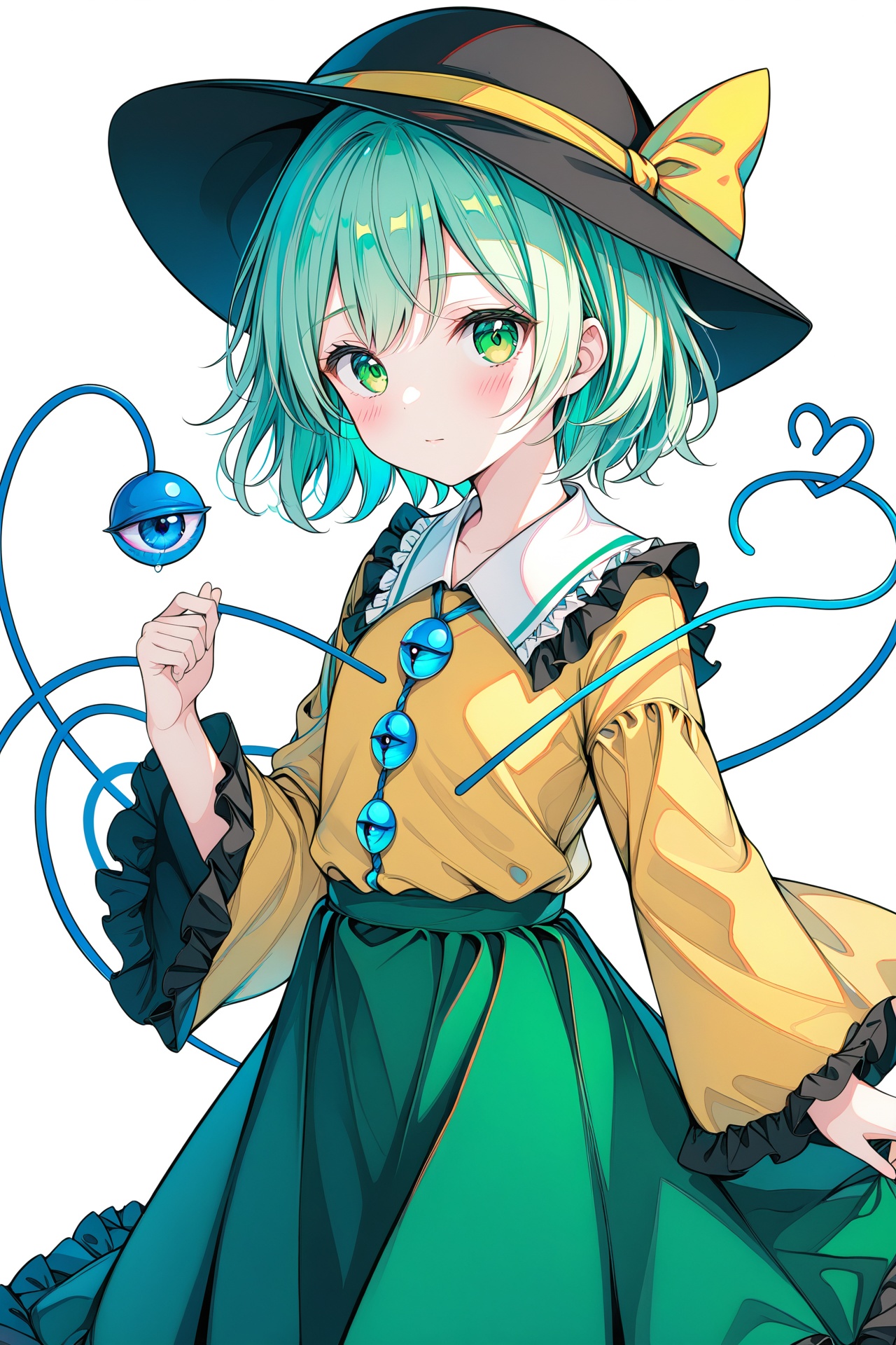 masterpiece,best quality,illustration,ultra detailed,hdr,Depth of field,(colorful),Artist yamanakaume,1girl,solo,komeiji koishi,hat,green eyes,skirt,third eye,shirt,yellow shirt,green skirt,white background,long sleeves,black headwear,frills,wide sleeves,looking at viewer,short hair,simple background,ribbon,hat ribbon,yellow ribbon,frilled sleeves,green hair,closed mouth,blush,frilled shirt collar,heart of string,hat bow,heart,bow,
