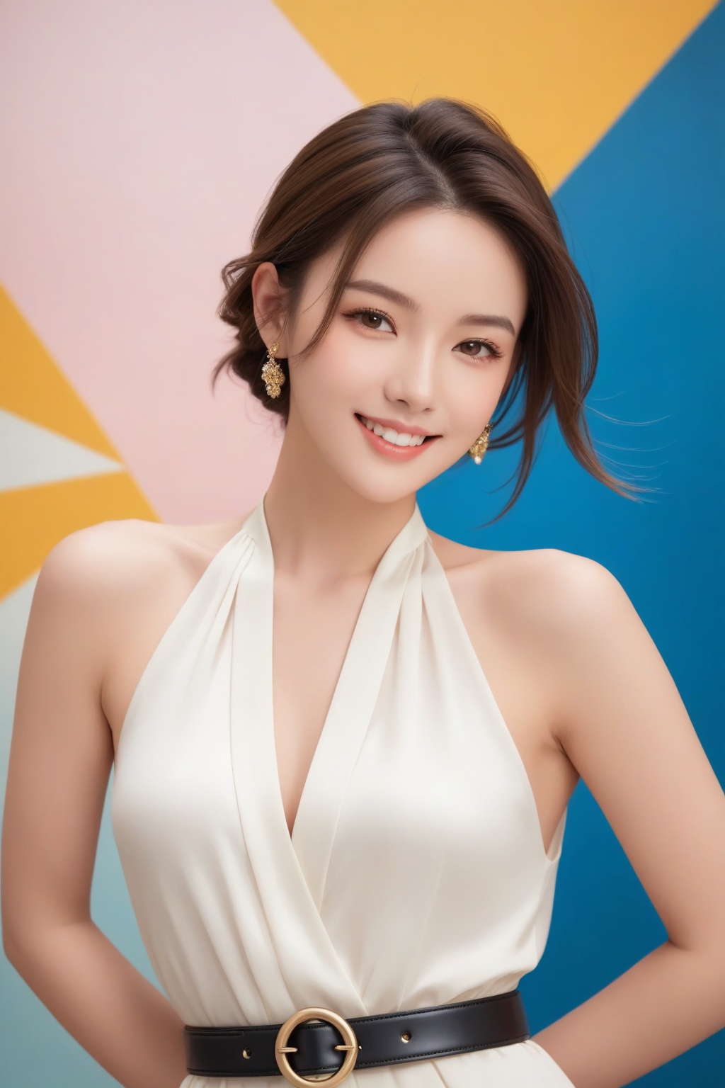 1 girl,solo,realistic,medium chest,smile,dynamic pose,delicate belt,upper body,high fashion photo shoot,dynamic background,