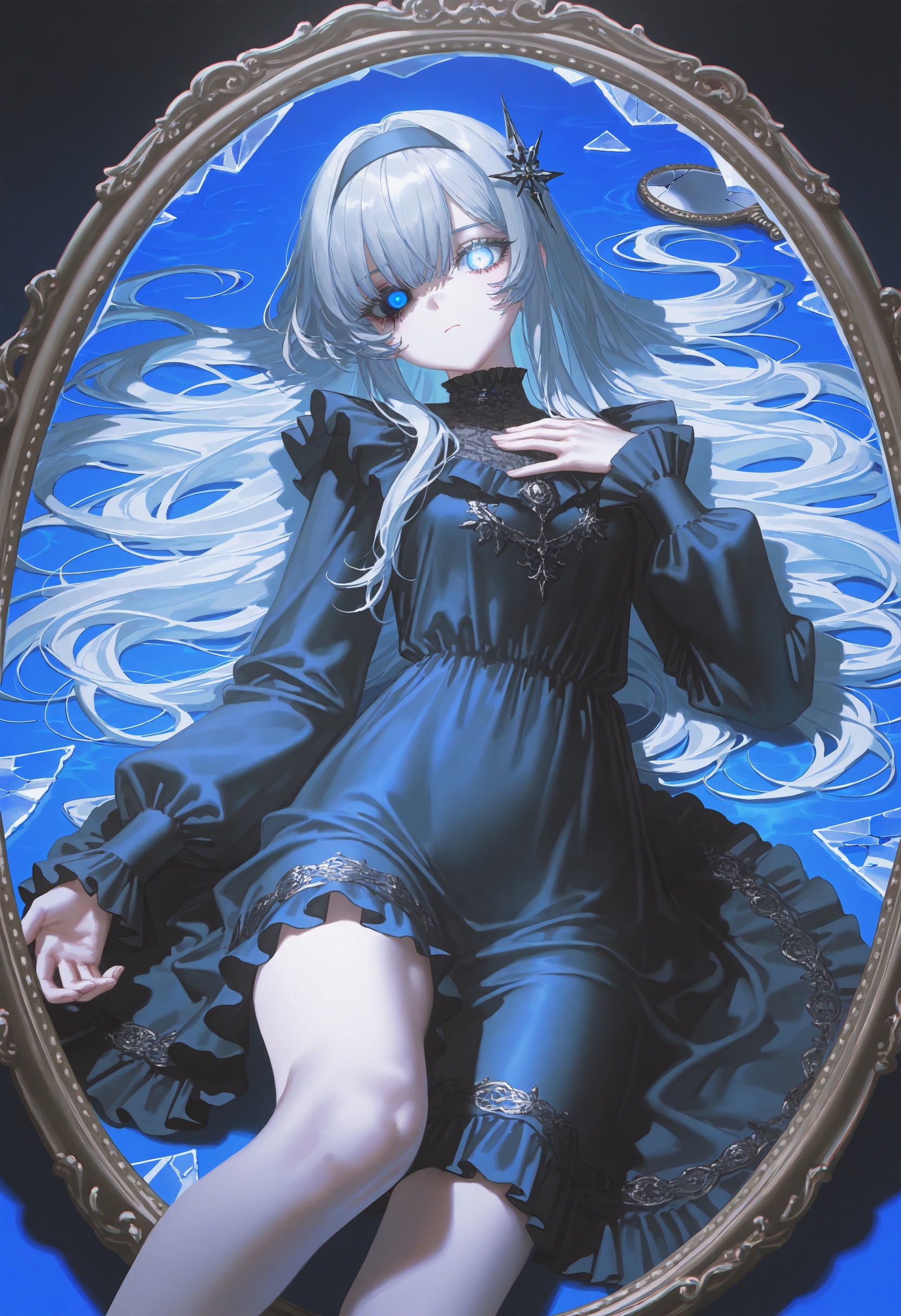 masterpiece,best quality,artist:john_kafka,artist:nixeu,artist:quasarcake,chromatic aberration,film grain,high contrast,color contrast,cold colors,gritty,graphite \\\\(medium\\\\),blue,grey,1girl,solo,long hair,broken eyes,two-tone eyes,blue eyes,no_pupils,dress,black dress,very long hair,expressionless,[[black tears]],grey hair,looking at viewer,bangs,hair ornament,long sleeves,frills,holding water,water,hairband,hair spread out,hand on own chest,face,lying,ornate clothes,loose clothes,the light shines on the girl,characters in the center of the lens,erected mirror,vanity mirror,mirror,broken mirror,broken glass,broken crystal,