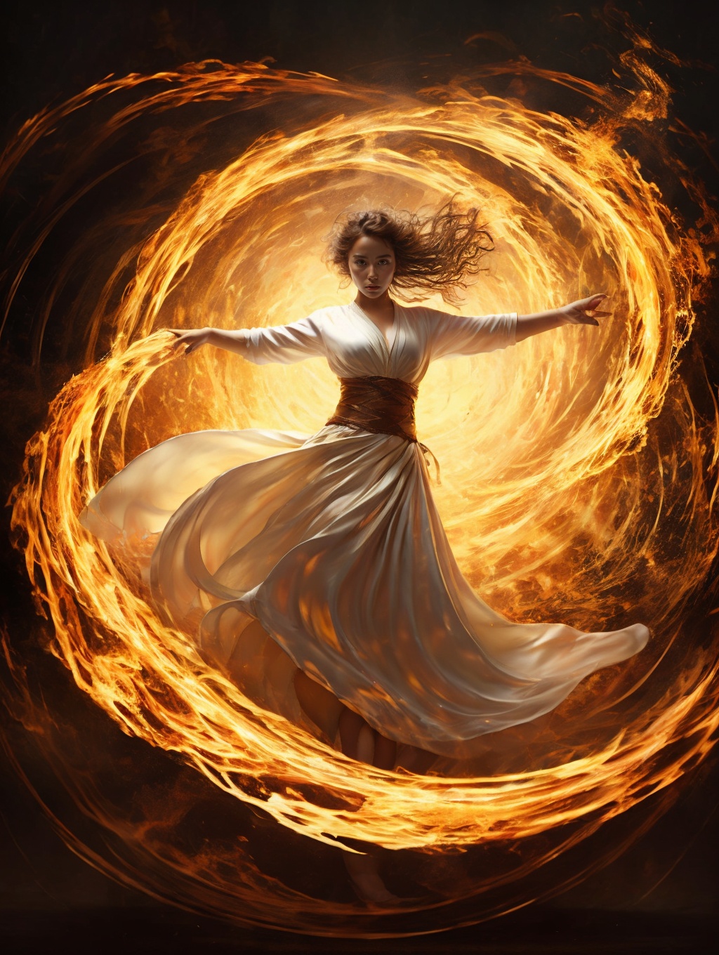 1girl,18 years old, white romper,dancing,solo,full_shot,fire,HWXY