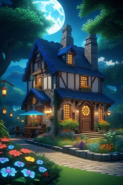 A vibrant, enchanted garden with a variety of magical flora glowing under the moonlight, with a quaint stone cottage in the background., illustration, 3d, cartoon,high resolution, high quality, detailed, masterpiece, hdr, sharp,[Pixel Art style],[ abbe bi style], amazing, beautiful, breathtaking, astonishing, brilliant, incredible,