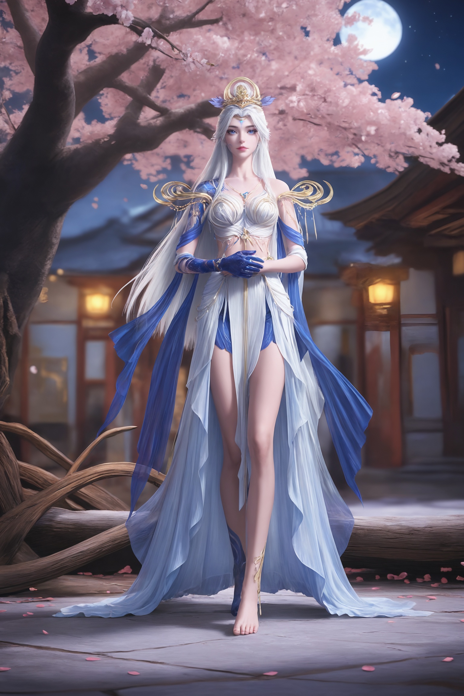 photo realistic,masterpiece,best quality,soft glow,skin texture,masterpiece,best quality,solo,1girl,full body,petals,looking at viewer,moon,branch,cherry blossoms,flower,extreme aesthetic,(quasarcake:0.7),masterpiece,best quality,good quality,newest,very aesthetic,absurdres,A shot with tension,(Visual impact,giving the poster a dynamic and visually striking appearance:1.2),impactful picture,offcial art,colorful,splash of color,movie perspective,<lora:完美-莫仙-ILL:0.7>,long,flowing white hair,blue and gold headpiece,ornate,sleeveless outfit in shades of white and blue,with intricate patterns and designs,blue gauntlet on left hand,barefoot,