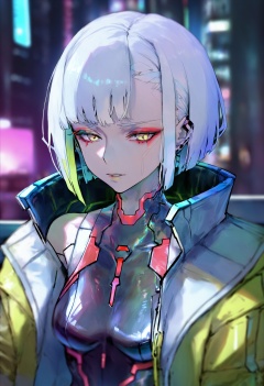 best quality, masterpiece, lucy \(cyberpunk\), 1girl, solo, bangs, jacket, upper body, short hair, red eyeliner, open clothes, white hair, bodysuit, multicolored hair, parted lips, cyberpunk, yellow jacket, parted bangs, open jacket, city, breasts, makeup  <lora:rsefXLlokr4f-000143:0.95>