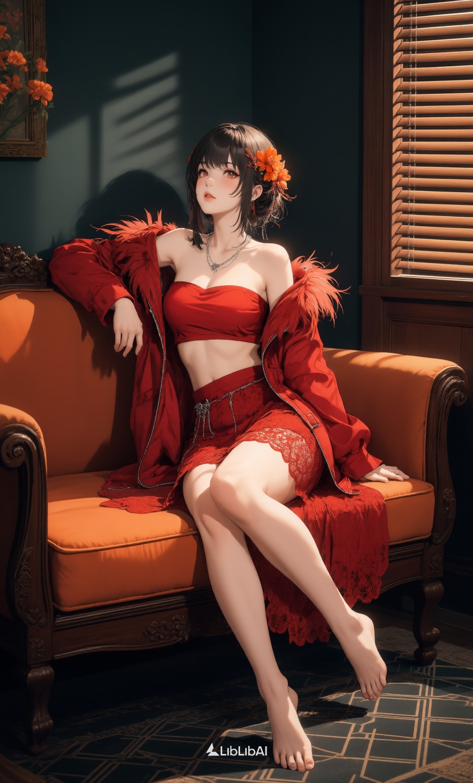 治愈系动画,一位具有祸国殃民般美丽颜值的年轻少女斜坐于古典沙发(深色木质框架+橙色坐垫)上,上半身转向右侧,头部轻抬目光看向画面外,左臂搭在沙发靠背,右臂弯曲置于胸前(手轻扯外套),赤足,身着红色羽毛露肩外套,红色抹胸,红色蕾丝半裙,佩戴细银链配饰,头发插橙色小花,背景为深色墙壁,右侧木质百叶窗,地面铺深色几何图案地毯,采用侧光/侧逆光布光,主体周围形成柔和光晕(头发与羽毛边缘尤为明显),沙发上投射百叶窗竖条纹阴影,整体呈现复古静谧氛围,融合性感与奢华风格,红色服装与橙色沙发形成温暖色系呼应,传递神秘感,, Negative prompt: ng_deepnegative_v1_75t,(badhandv4:1.2),EasyNegative,(worst quality:2),多手指,多手臂,多脚,,nsfw, Steps: 28, Sampler: Euler, CFG scale: 3.5, Seed: 2723988268, Size: 928x1536, Model hash: 98763a1277, Model: Qwen-Image_1.0.safetensors, Denoising strength: 0, RNG: CPU, Lora 1: 治愈系动画, Lora Hash 1: f84af1927a, Lora Weight 1: 0.9, vae_name: automatic