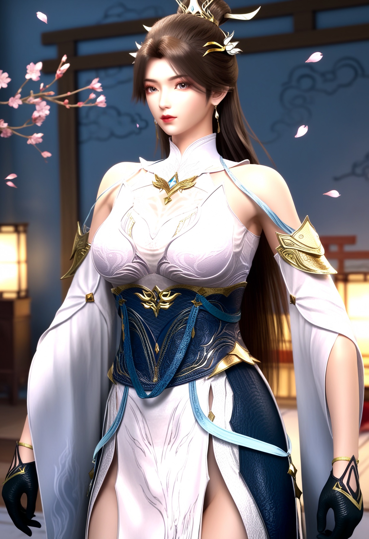 masterpiece,best quality,amazing quality,high resolution,ultra-detailed,absurdres,(looking at viewer:1.1),upper body,(Dark room:1.3),(dim lighting:1.1),peach blossom,falling petals BREAK large breasts,lingxi,1girl,solo,long hair,brown hair,jewelry,dress,hair ornament,earrings,bare shoulders,white dress,detached sleeves,hair bun,gloves,chinese clothes,high heels BREAK photorealistic details,<lora:QQSilllingxiV1:0.8>,