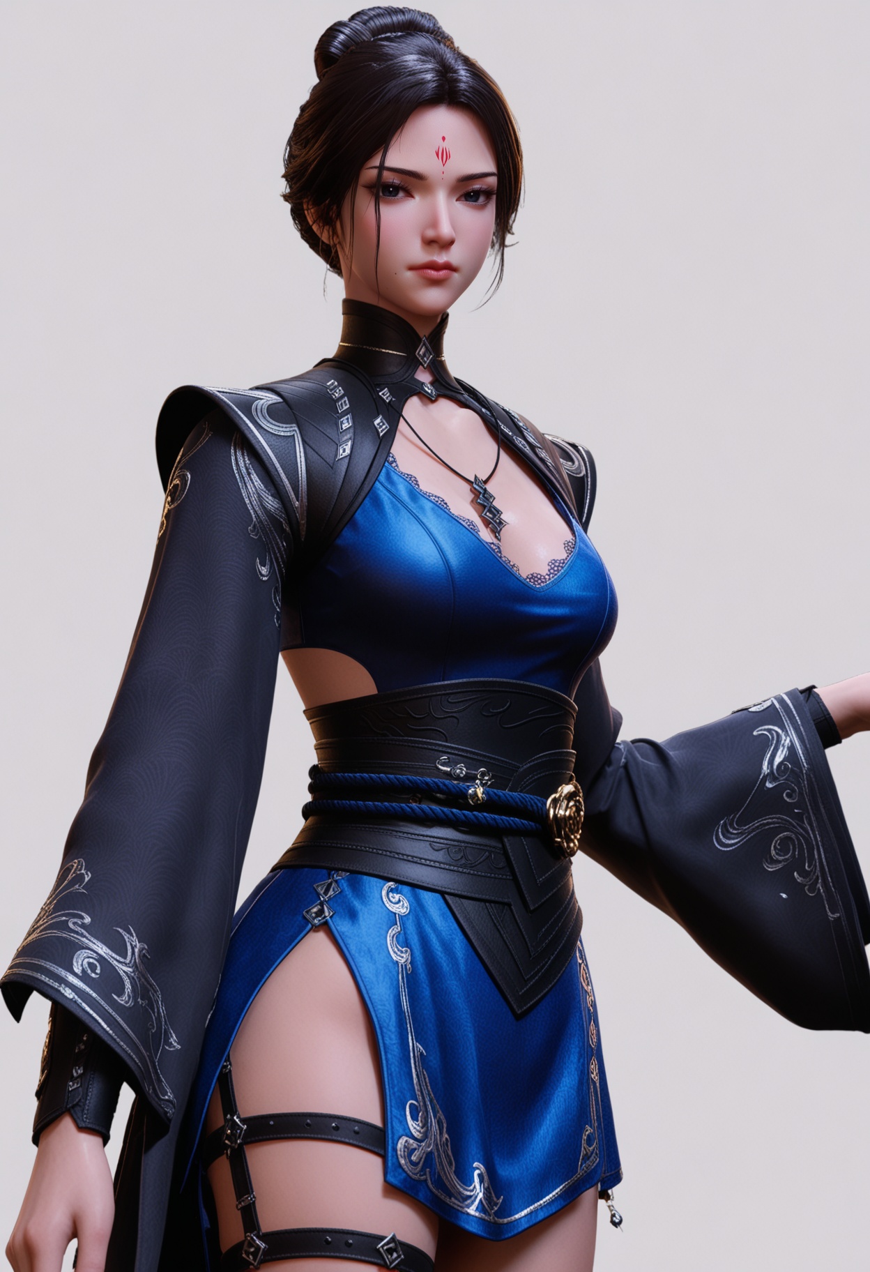 score_9,high detail,best quality,cinematic lighting,volumetric lighting,shiny skin,shiny,1girl,solo,black_eyes,mole under mouth,jewelry,necklace,dress,thigh strap,forehead mark,black hair,breasts,cleavage,long sleeves,white background,standing,blue dress,hair bun,closed mouth,lips,sash,short hair,simple background,looking at viewer,upper_body,thighs,<lora:QQSponyqingyushenzunV1:0.8>,<lora:Pony_DetailV2.0:0.8>,<lora:皮肤凹痕:0.1>,