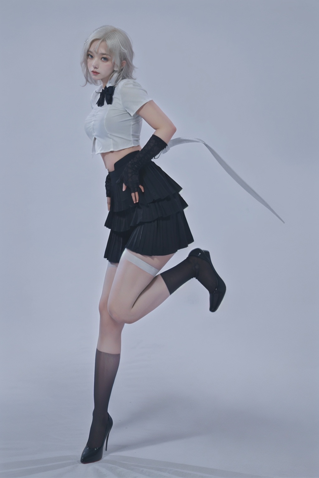 1girl,wsfz-021,(white hair:1.1),short hair,streaked hair,white blouse,(black pleated skirt:1.1),cutout above navel,(lace:1.1),simple background,stockings,huge filesize,