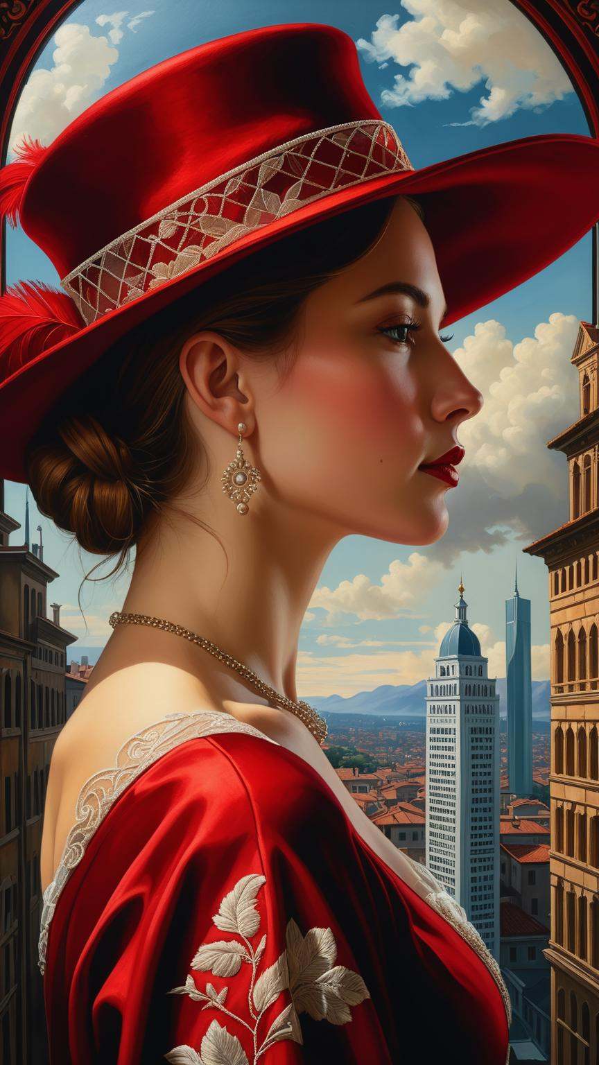 portrait oil painting, of a ((transparent woman with a double exposure city in her head)), we see the double exposure on her face and the city backdrop, elaborate red hat, in renaissance attire city backdrop, 3/4 profile view, sumptuous cloud fabrics, detailed embroidery, moody chiaroscuro lighting, high-resolution, sharp image