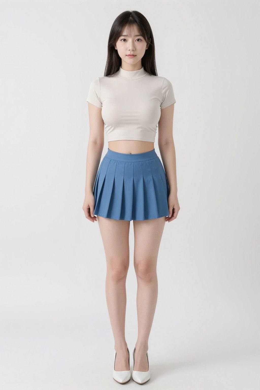 large breasts, stand at attention, Long-distance full-body photo, 年轻女性。她肤色白皙，留着齐肩的黑色长直发。双臂自然垂于身体两侧。她身穿一件修身的浅色短袖高领露脐上衣，下身搭配一条蓝色百褶短裙，白色高跟鞋。背景是干净明亮的白色背景。