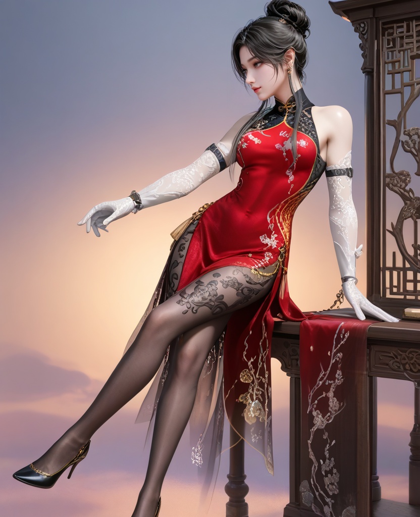 (oriental architecture, elegant decor, sophisticated style:1.1),(Leaning on a windowsill, looking out with a sense of longing or anticipation,:1.1),(breasts:1.2),<lora:XL16永劫无间顾清寒皮肤冰凌:0.95>,miss guqinghan,red china dress,brown eyes,black hair,single updo with long front strands,white elbow gloves,black pantyhose with floral embroidery,black high heels,side slit,, score_9,score_8_up,score_7_up,score_6_up,score_5_up,score_4_up,3d rendering,tag1,tag2, Cinematic Lighting,backlighting,