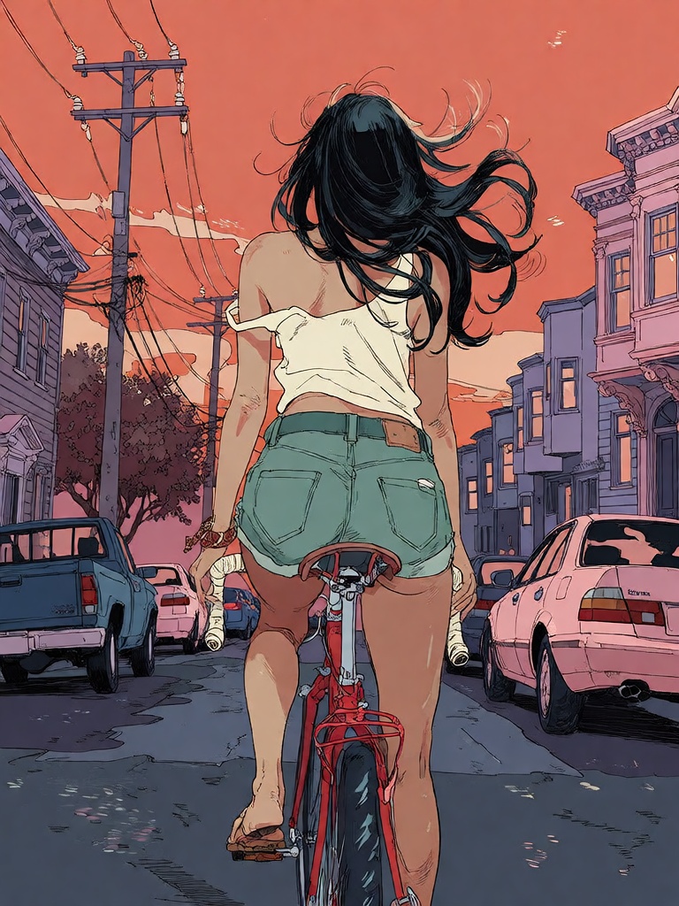 Bradhamel art style. A woman with long dark hair,  seen from behind as she rides a bicycle down a city street at sunset,...