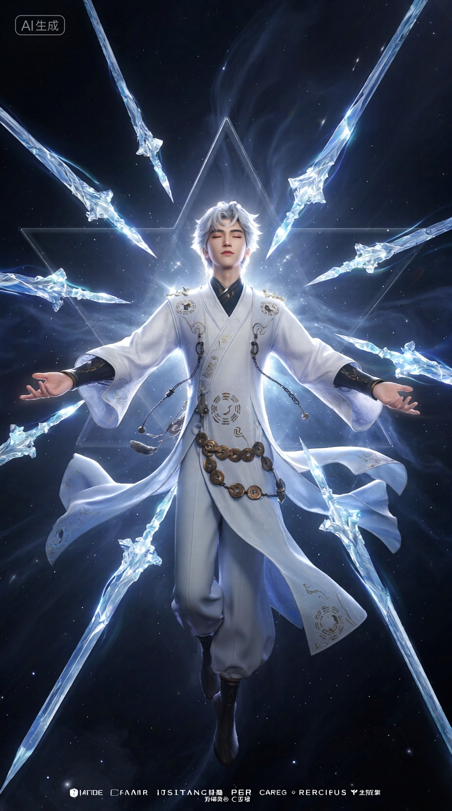 3D风格化角色设计, 一位白色短发的东方青年道士悬浮在宇宙虚空之中,双眼紧闭,神情宁静而超脱,双臂自然张开,手掌向上,仿佛在接引天地之力,身后环绕着八柄寒光凛冽的银色飞剑,以北斗七星加一的阵势缓缓旋转,剑身透明如水晶,内有流动光纹,剑尖发出锐利的白色光芒,道士身着极简现代改良式纯白道袍,衣料带有精致暗金刺绣与八卦纹样,腰间系一排古朴铜钱腰坠,布料在失重状态下轻微飘动,背景为深邃的星云空间,带有微弱的体积光与粒子漂浮,整体氛围神圣而超现实, 高精度雕刻模型, 道教科幻融合, 悬浮飞剑阵, PBR写实渲染, 体积光与星云, 浅景深, 电影感冷调色, 4K高清纹理, 银色透明飞剑, Octane渲染器质感, Negative prompt: ng_deepnegative_v1_75t,(badhandv4:1.2),EasyNegative,(worst quality:2),,nsfw, Steps: 40, Sampler: Euler, CFG scale: 1.0, Seed: 3217139322, Size: 928x1664, Model hash: 98763a1277, Model: Qwen-Image_1.0.safetensors, Denoising strength: 0, RNG: CPU, Lora 1: 【摸鱼】3D, Lora Hash 1: 2106c5bf96, Lora Weight 1: 0.8, Lora 2: 【摸鱼】3D电商渲染级KV海报_创意视觉表达, Lora Hash 2: ce1227b095, Lora Weight 2: 0.4, Lora 3: Qwen-Image-Lightning-8steps-V1.1-bf16.safetensors, Lora Hash 3: fe04c3ec1d, Lora Weight 3: 0.6, vae_name: automatic