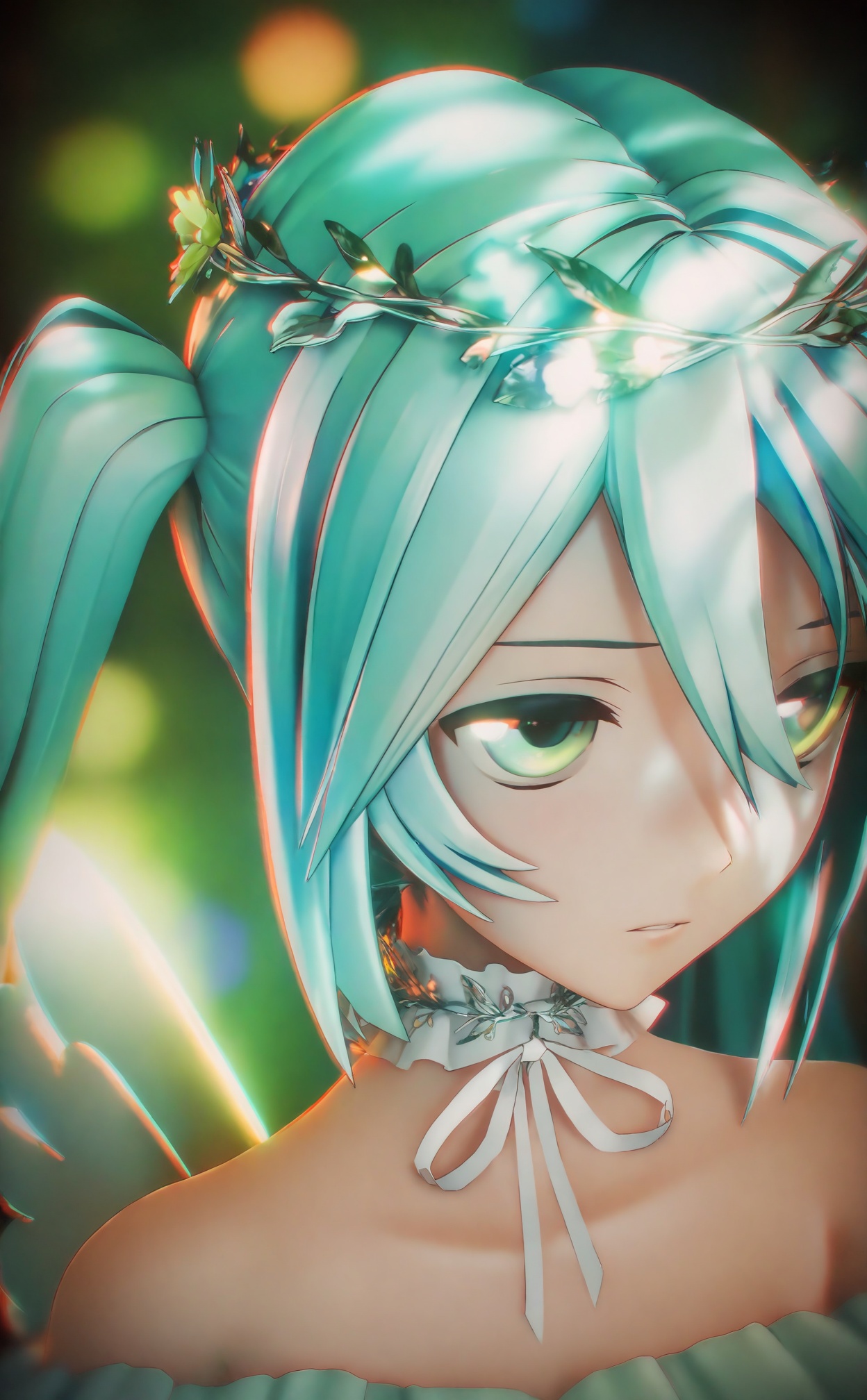 masterpiece,absurdres,best quality,loli,petite,high quality,chromatic_aberration,//,1girl,hatsune_miku,solo,twintails,blurry,bare_shoulders,long_hair,head_wreath,blurry_background,choker,wings,depth_of_field,aqua_hair,aqua_eyes,flower_wreath,frilled_choker,ribbon,portrait,looking_back,from_behind,green_eyes,backlighting,parted_lips,chromatic_aberration,ribbon_choker,angel_wings,looking_to_the_side,upper_body,neck_ribbon,close-up,hair_ornament,green_theme,looking_afar,flower,expressionless,white_choker,collarbone,bokeh,nape,sidelighting,eyelashes,eyes_visible_through_hair,light,glowing,white_ribbon,very_long_hair,aqua_theme,closed_mouth,white_wings,//,Depth of field,(colorful),hdr,Tyndall effect,depth of field,Tyndall Effect,blurry,blurry_background,depth_of_field,bokeh,glowing,//,<lora:MMDguangwuran4——【noob】hans:1.2>,