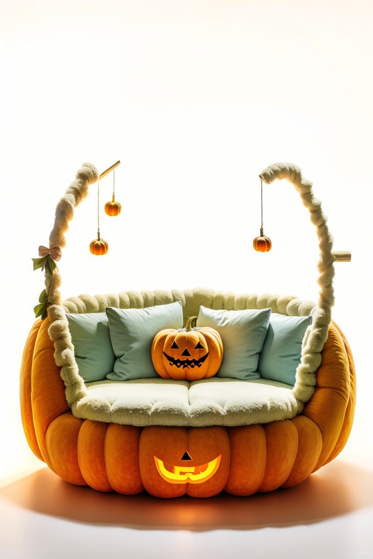 ((HRD, HUD, 8K)),((masterpiece, best quality)), highly detailed, soft light,CreativeFurniture, pumpkin, jack-o'-lantern, no humans, sofra, pillow, table, simple background, white background,  <lora:20240406-1712391677858:1>
