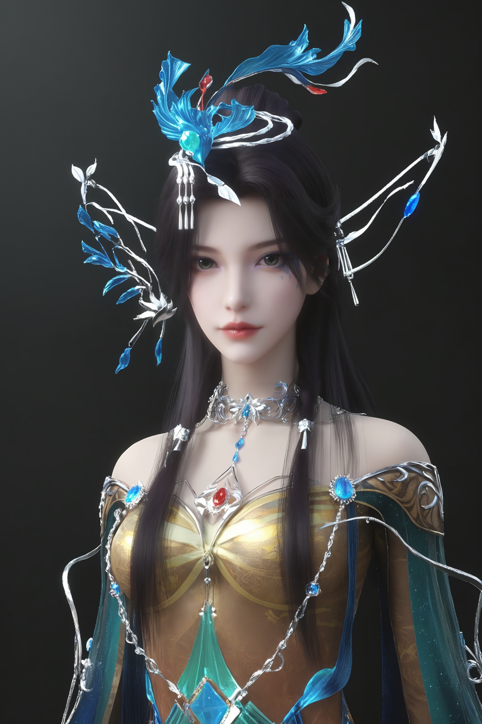 breasts,black background,simple background,photorealistic,1girl,beautiful_detailed_eyes,masterpiece,best quality,cinematic lighting,ethereal,standing,looking at viewer,<lora:云深不知梦-羲和Pony:0.7>,1girl,long,flowing black hair,blue and silver ornaments,headdress,gems,elaborate,ornate  golden,with intricate patterns and designs,and adorned with blue and teal accents costume,high collar,